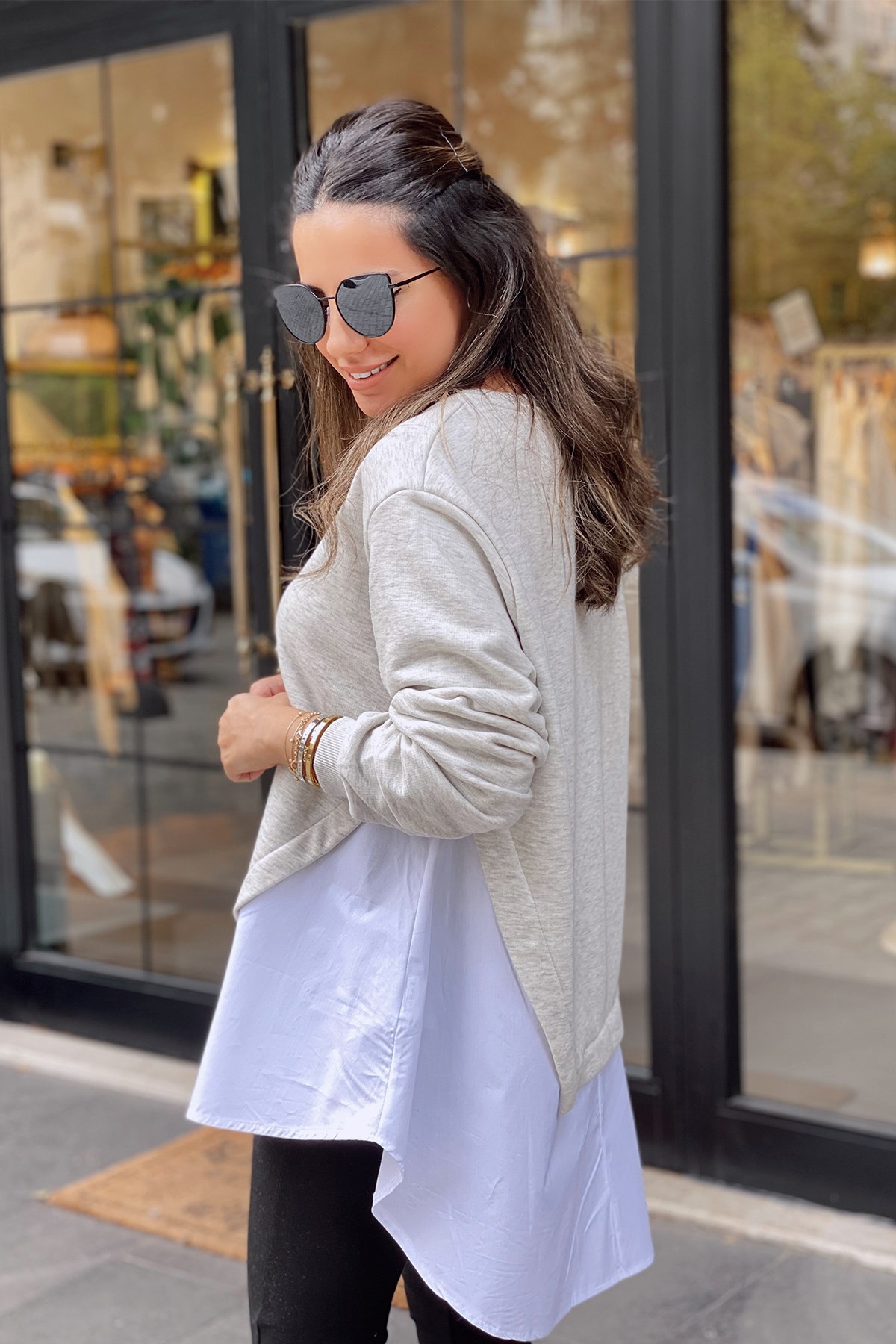 Poplin Detaylı Gri Sweat