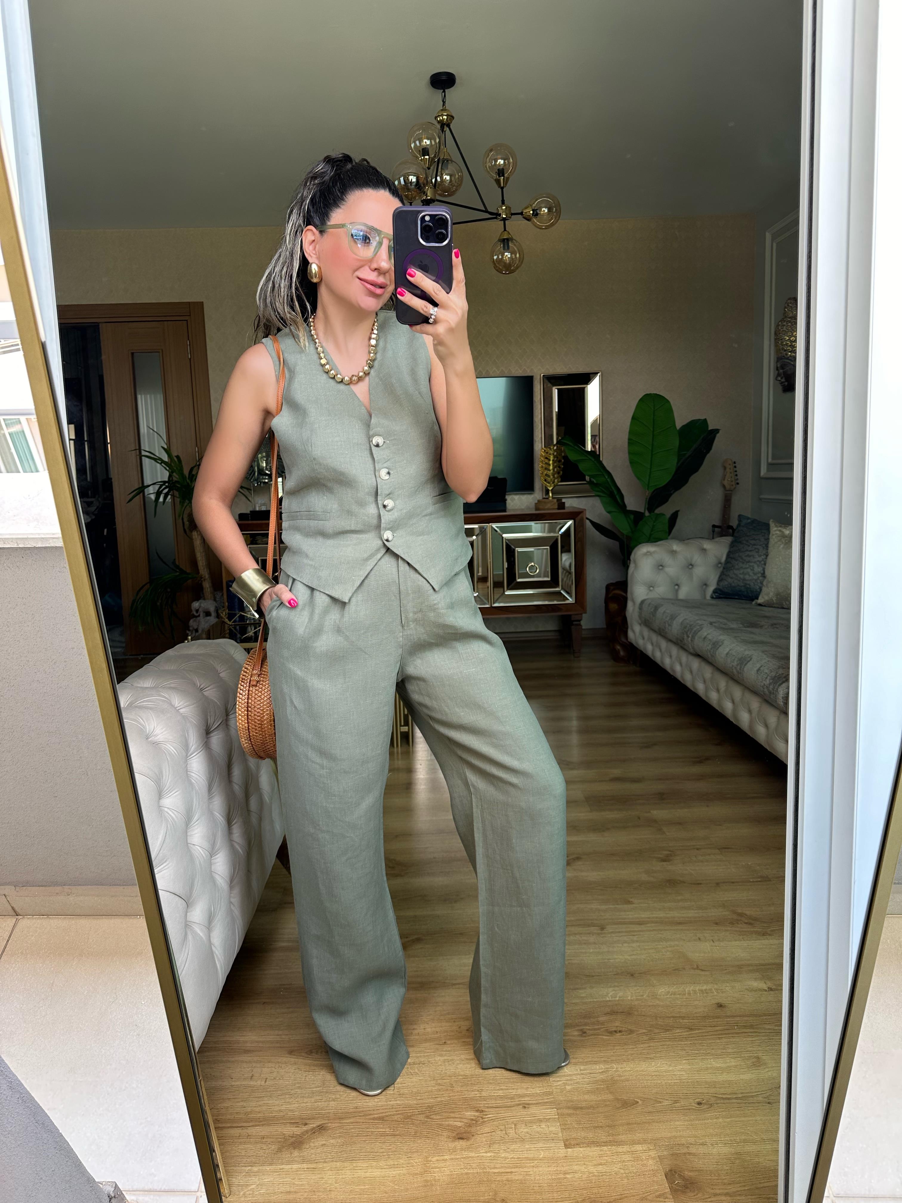 Premium Haki Yeşil Keten Pantolon Takım