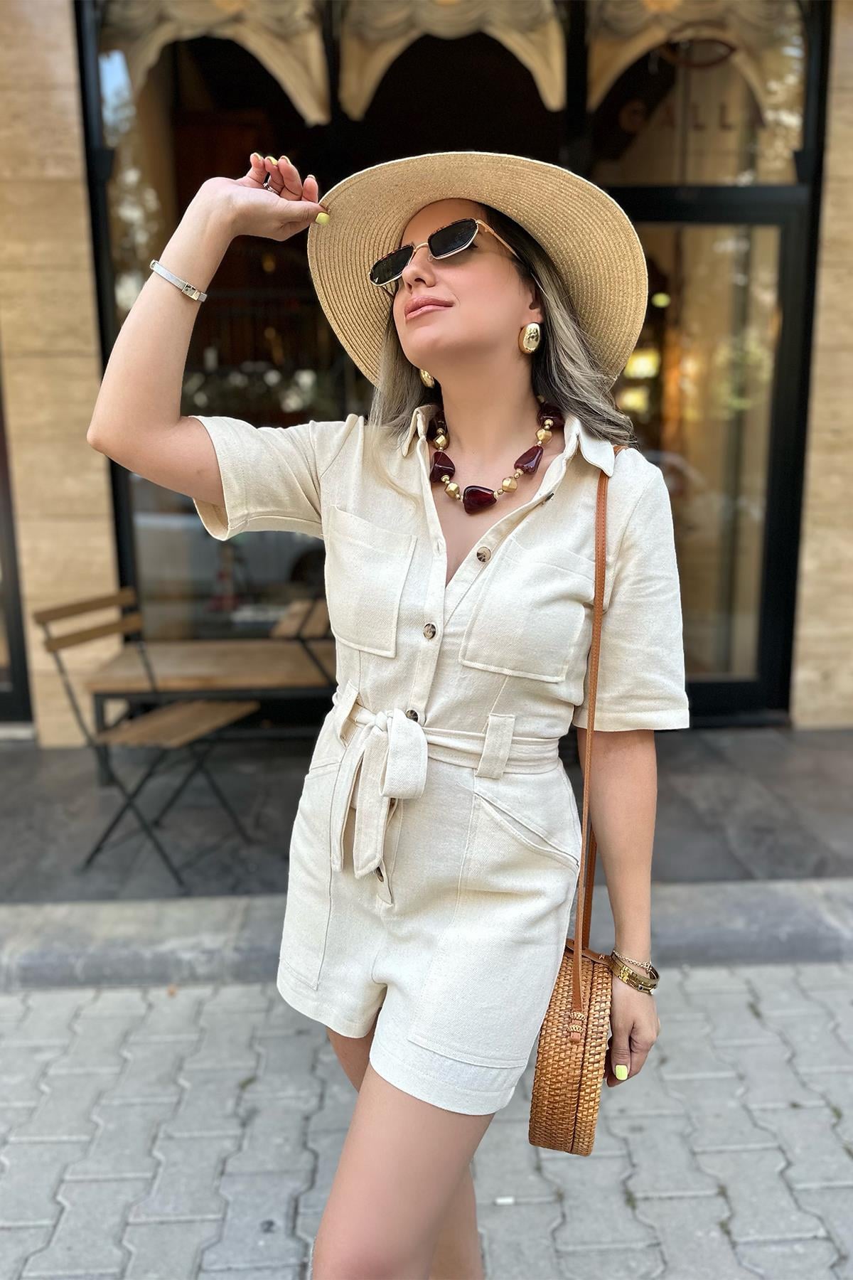 Premium Naturel Bej Şort Tulum