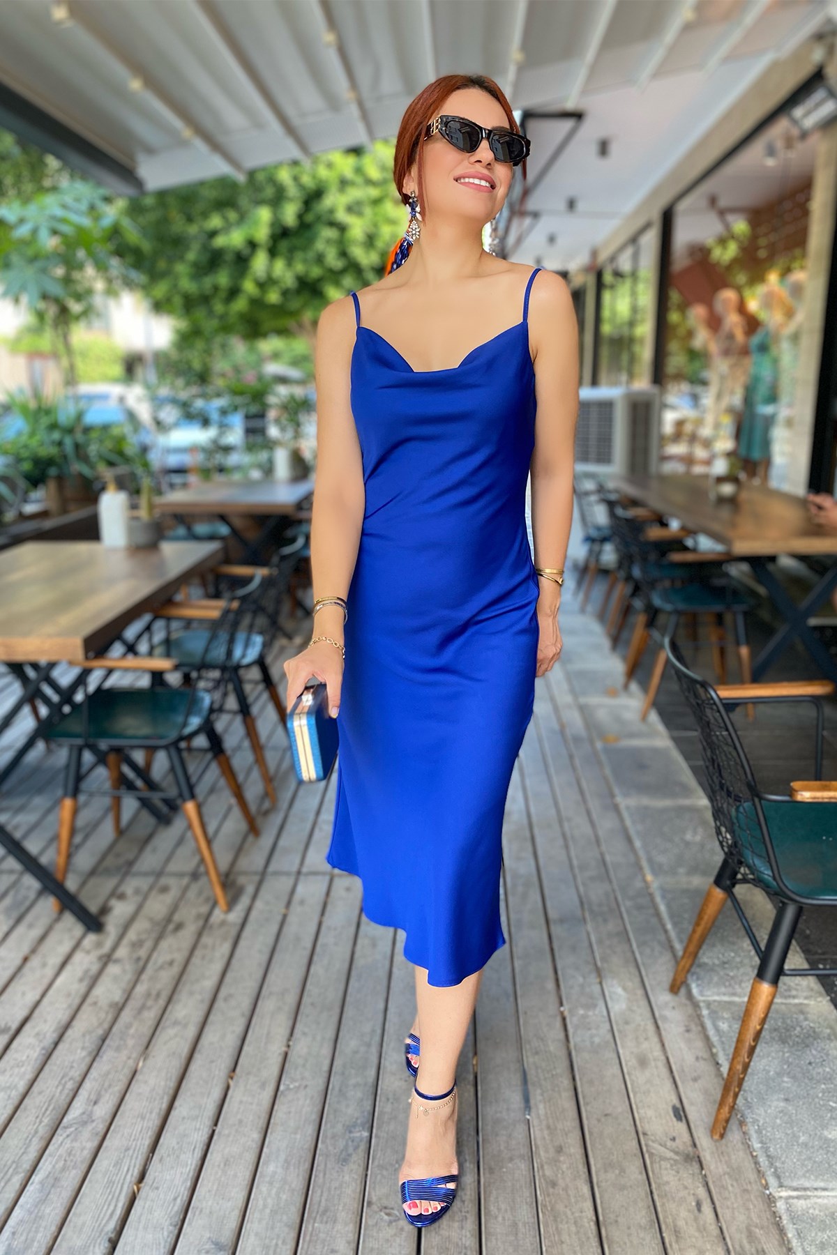 Saks Mavi İp Askılı Degaje Yaka Saten Elbise - KAYA SISTERS