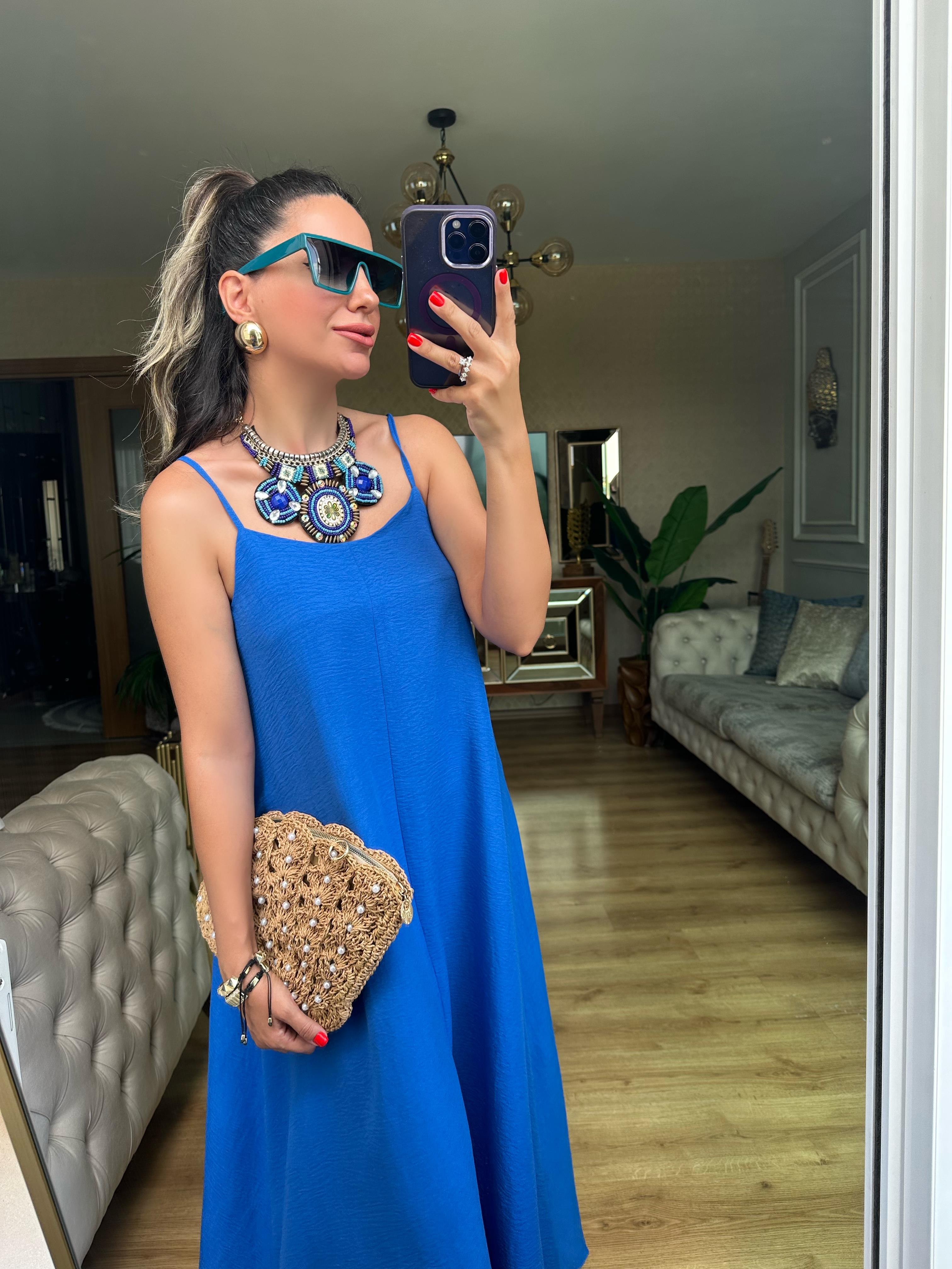Saks Mavi İp Askılı Elbise
