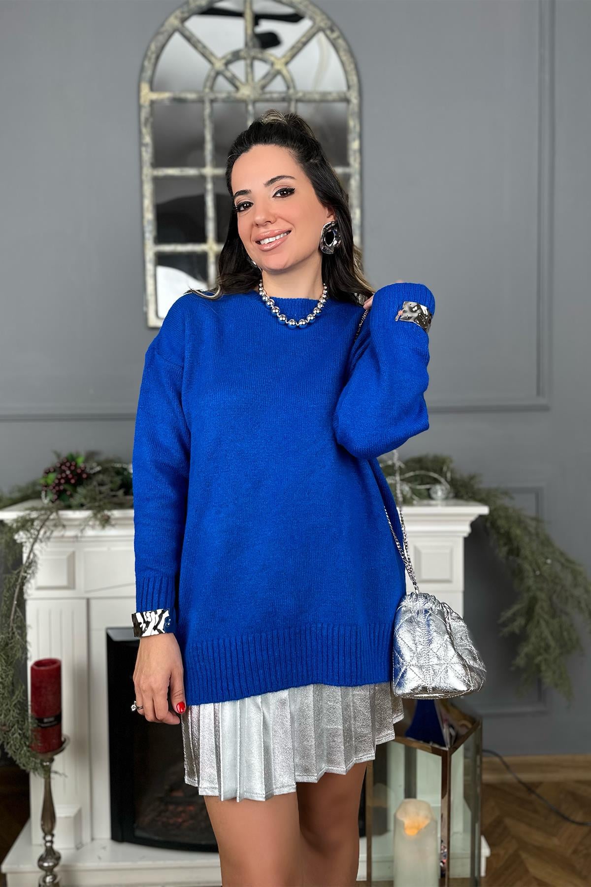 Saks Mavi Oversize Bisiklet Yaka Kazak