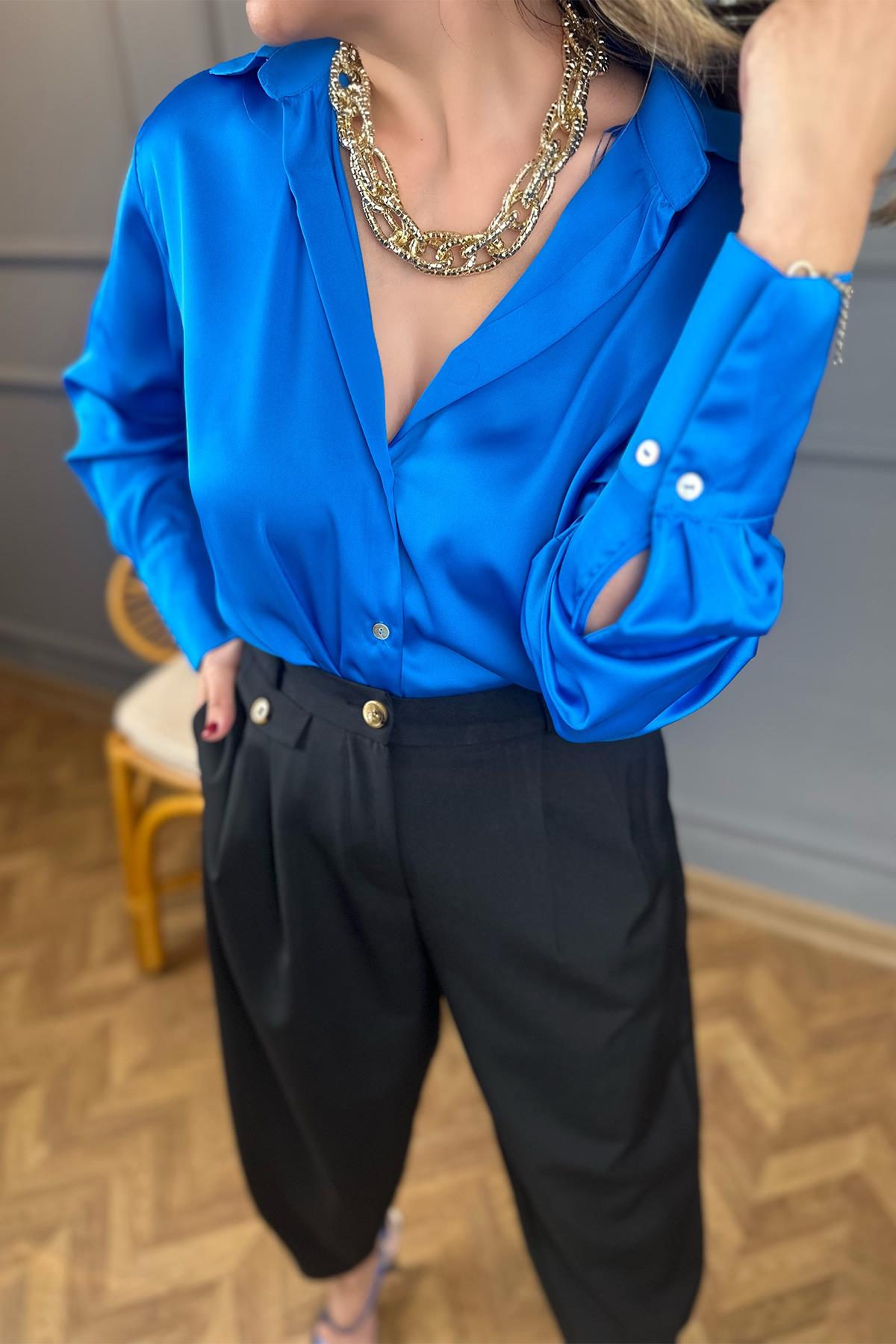 Saks Mavi Saten Gömlek