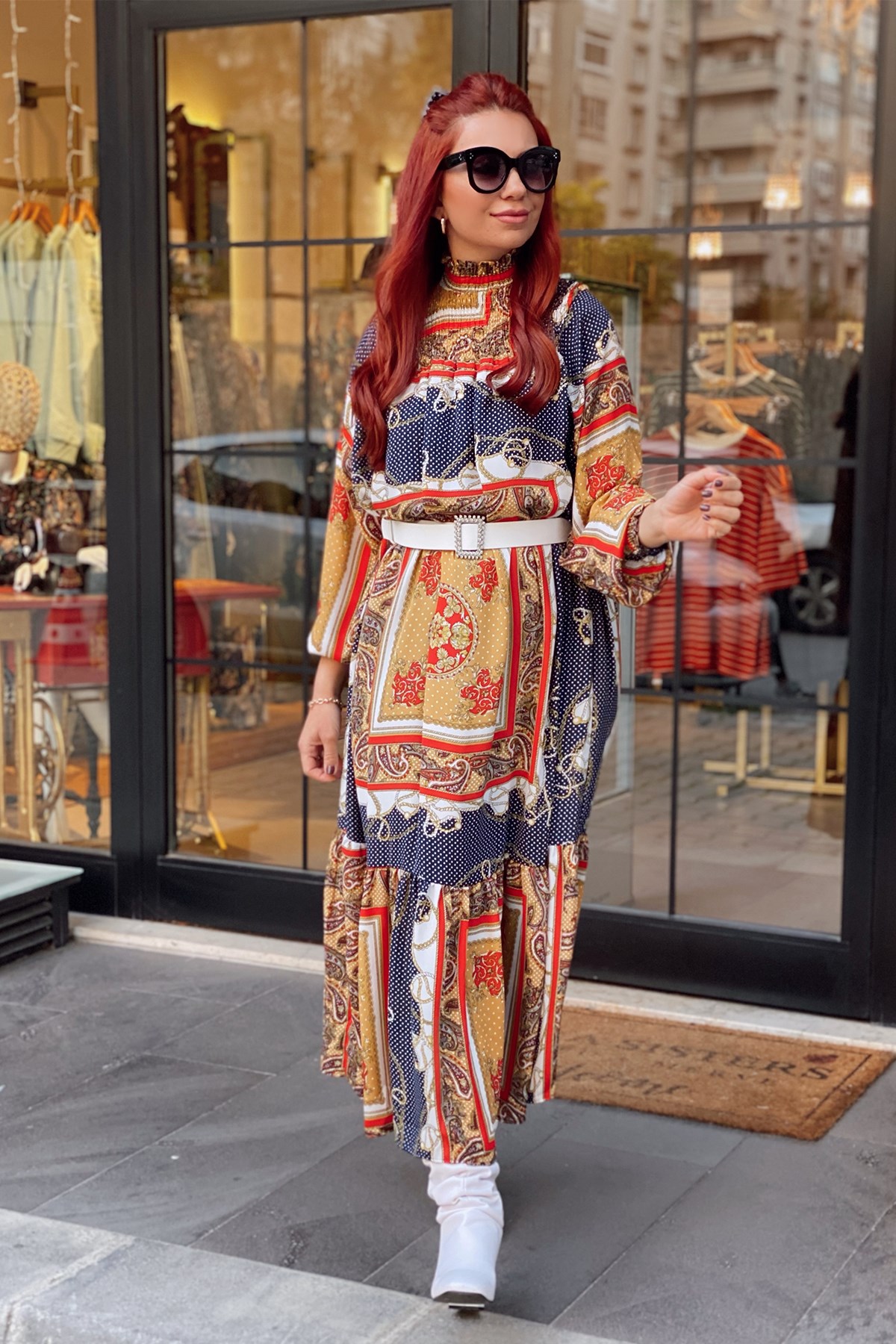 Şal Desen Dik Yaka Elbise