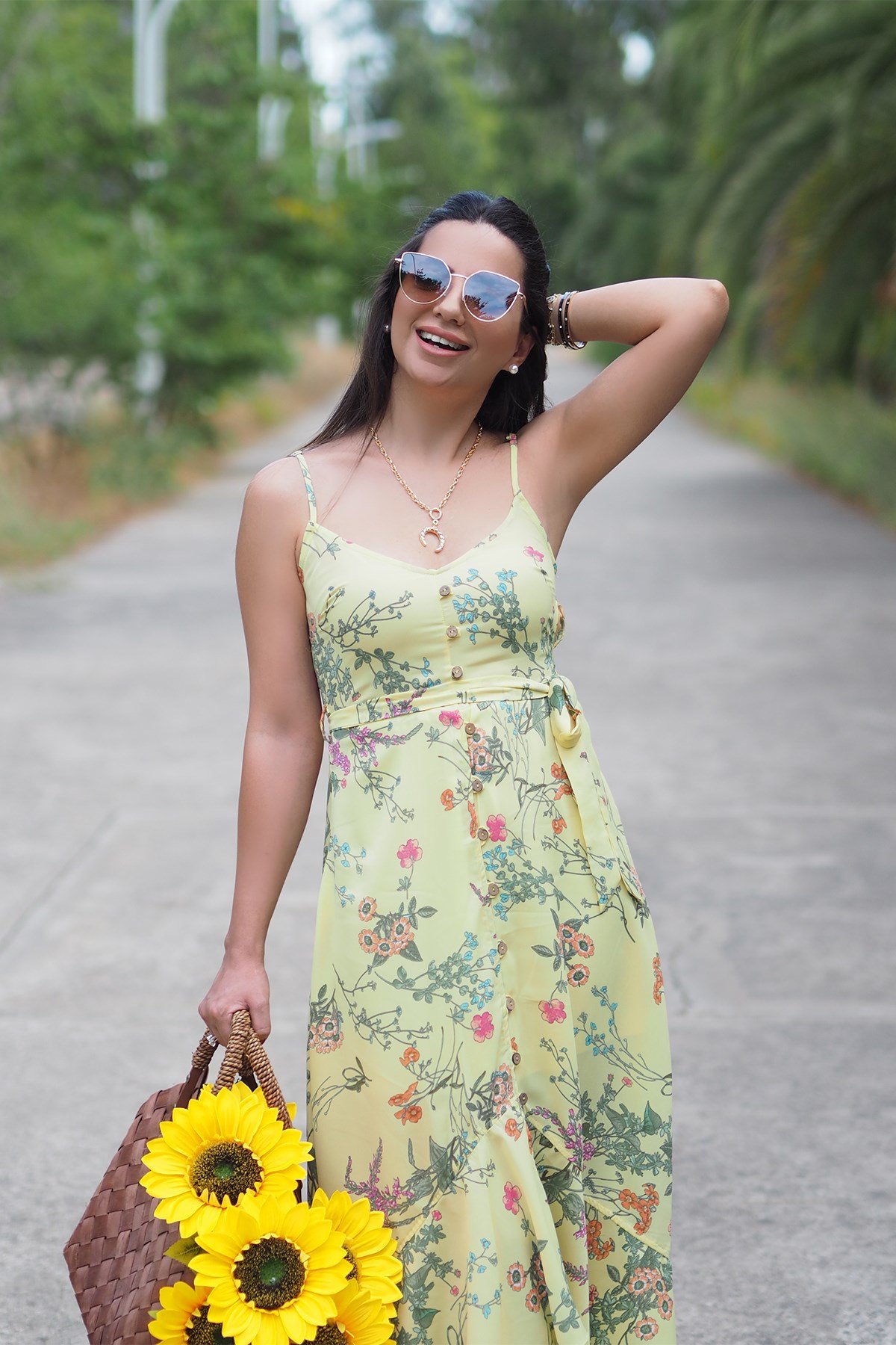 Sarı Desenli Volanlı Elbise