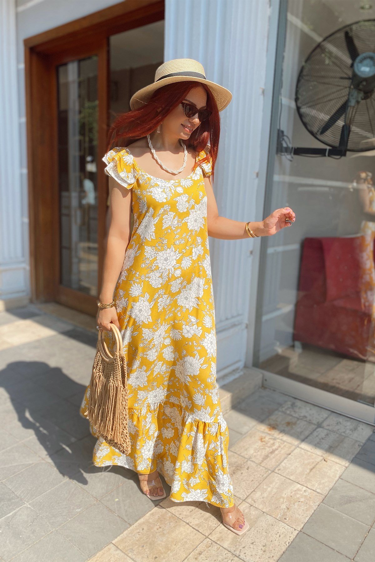 Sarı Desenli Volanlı Uzun Elbise