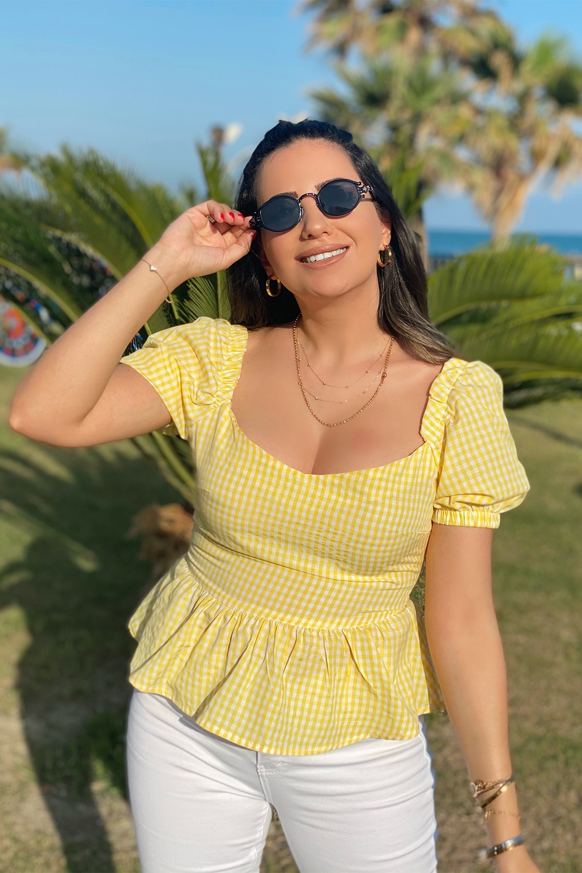 Sarı Pötikare Desenli Bluz