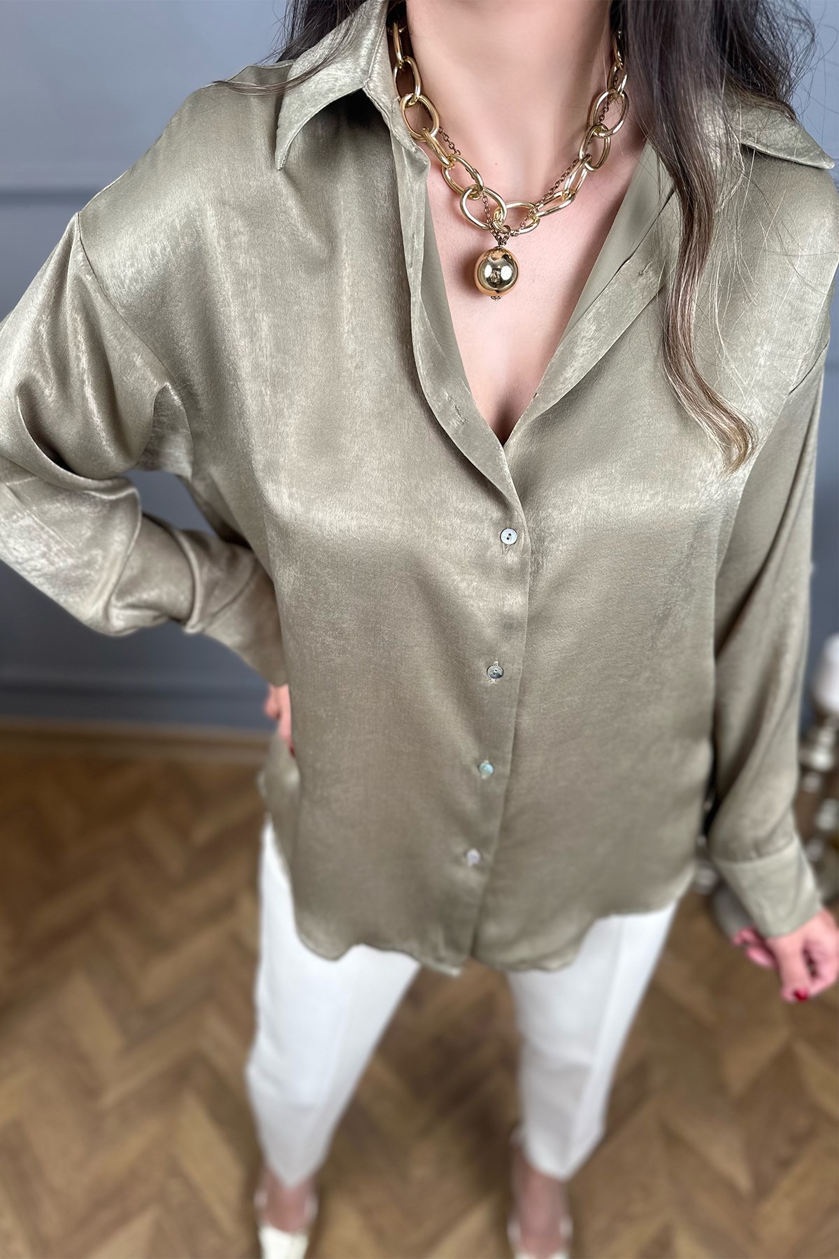 Saten Gold Haki Gömlek