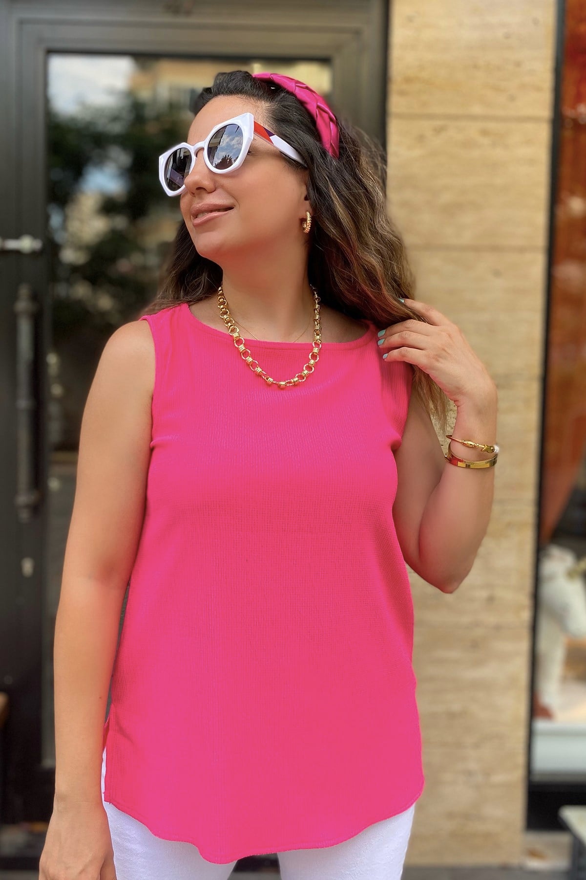 Sıfır Kol Likralı Pembe Bluz 
