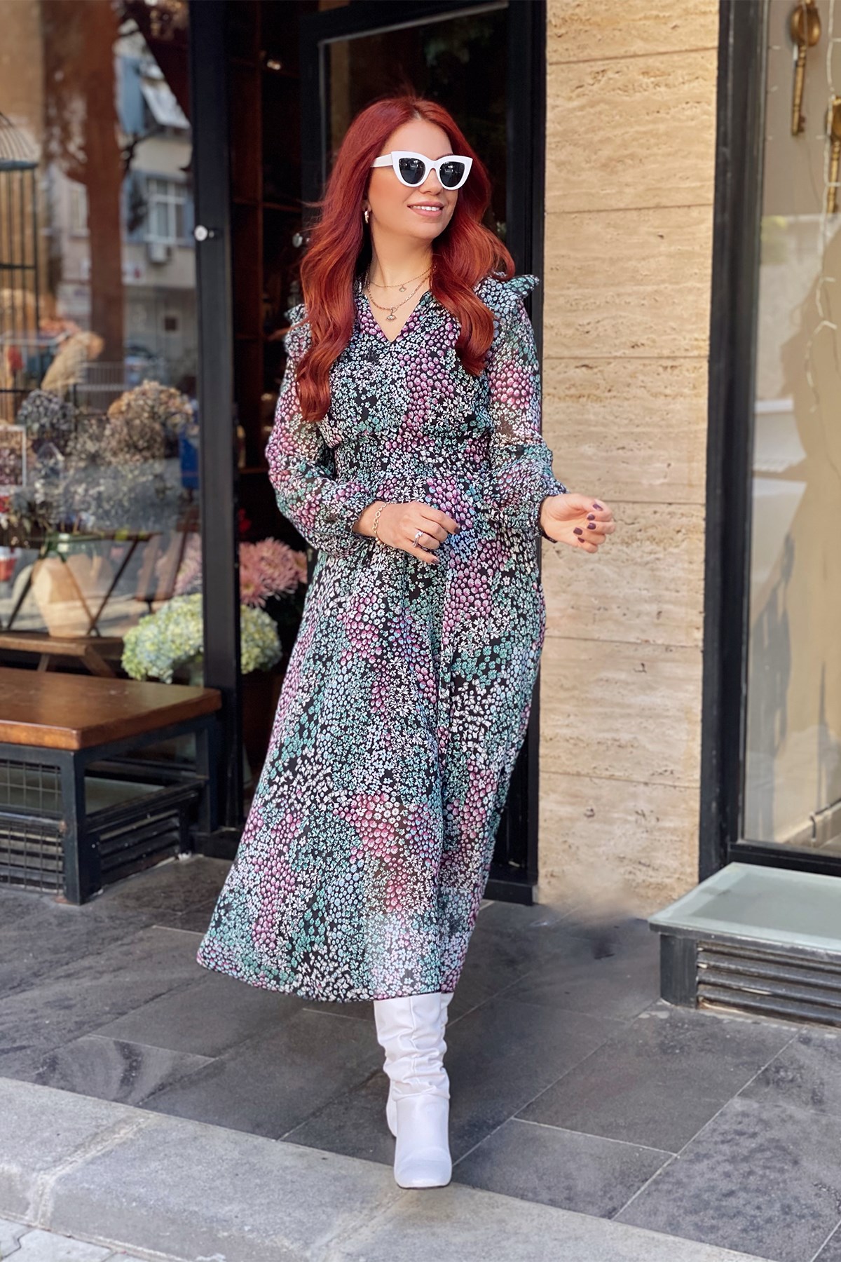 Şifon Kemer Büzgü Detaylı Elbise