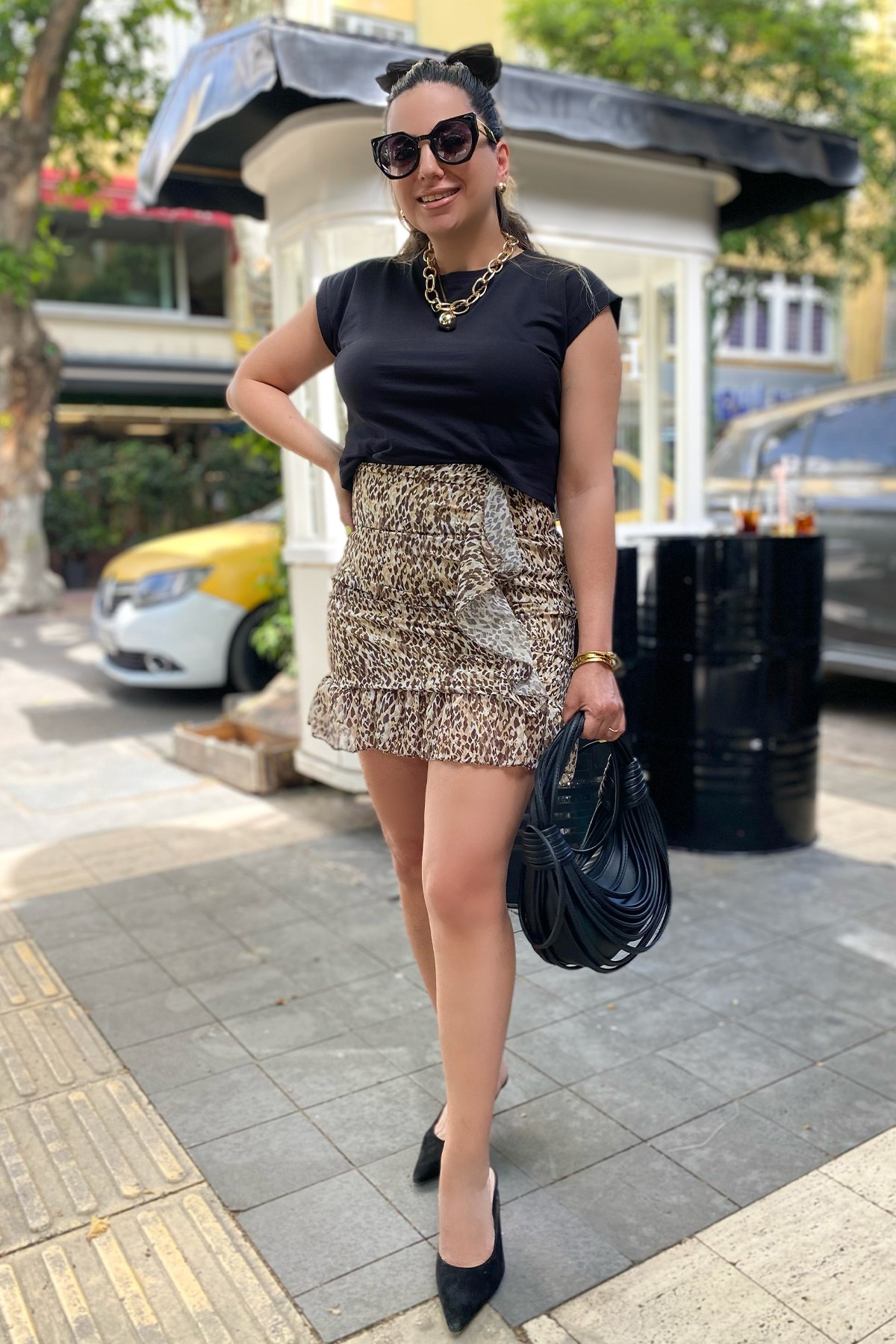 Şifon Leoparlı Etek 