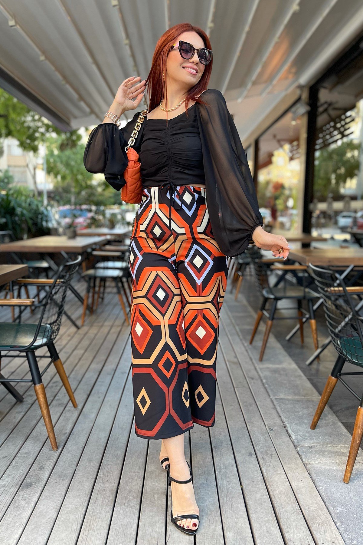 Siyah Balon Kol Şifon Bluz