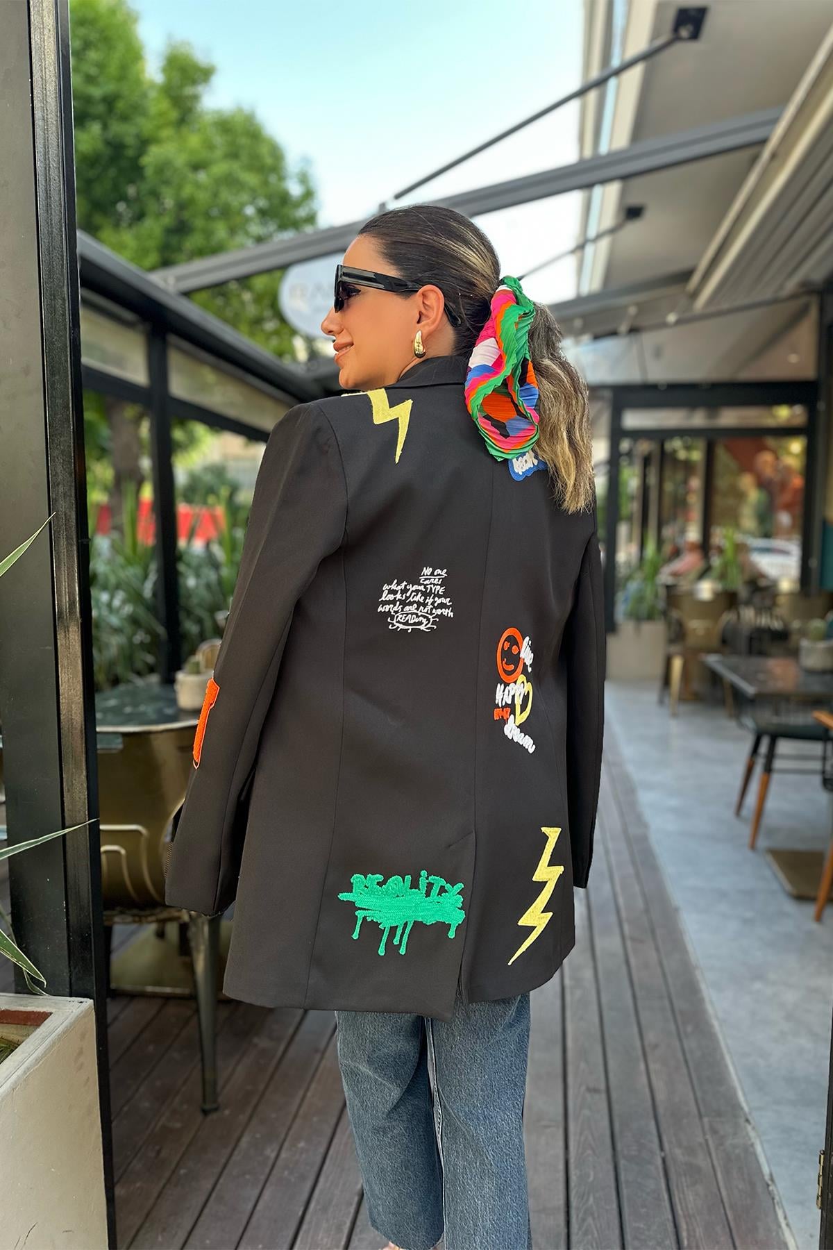 Siyah Baskılı Tasarım Blazer Ceket