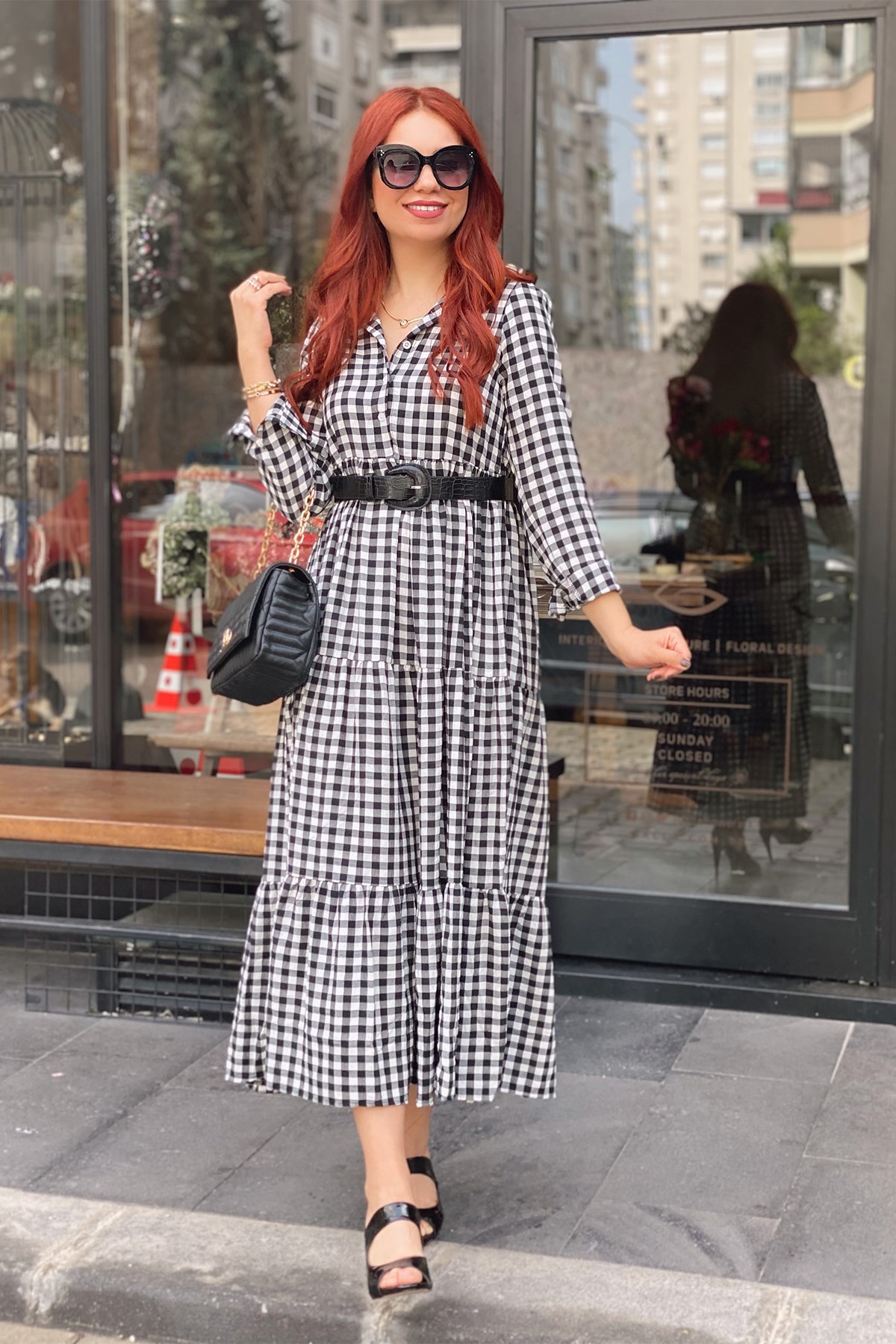 Siyah Ekose Gömlek Yaka Elbise