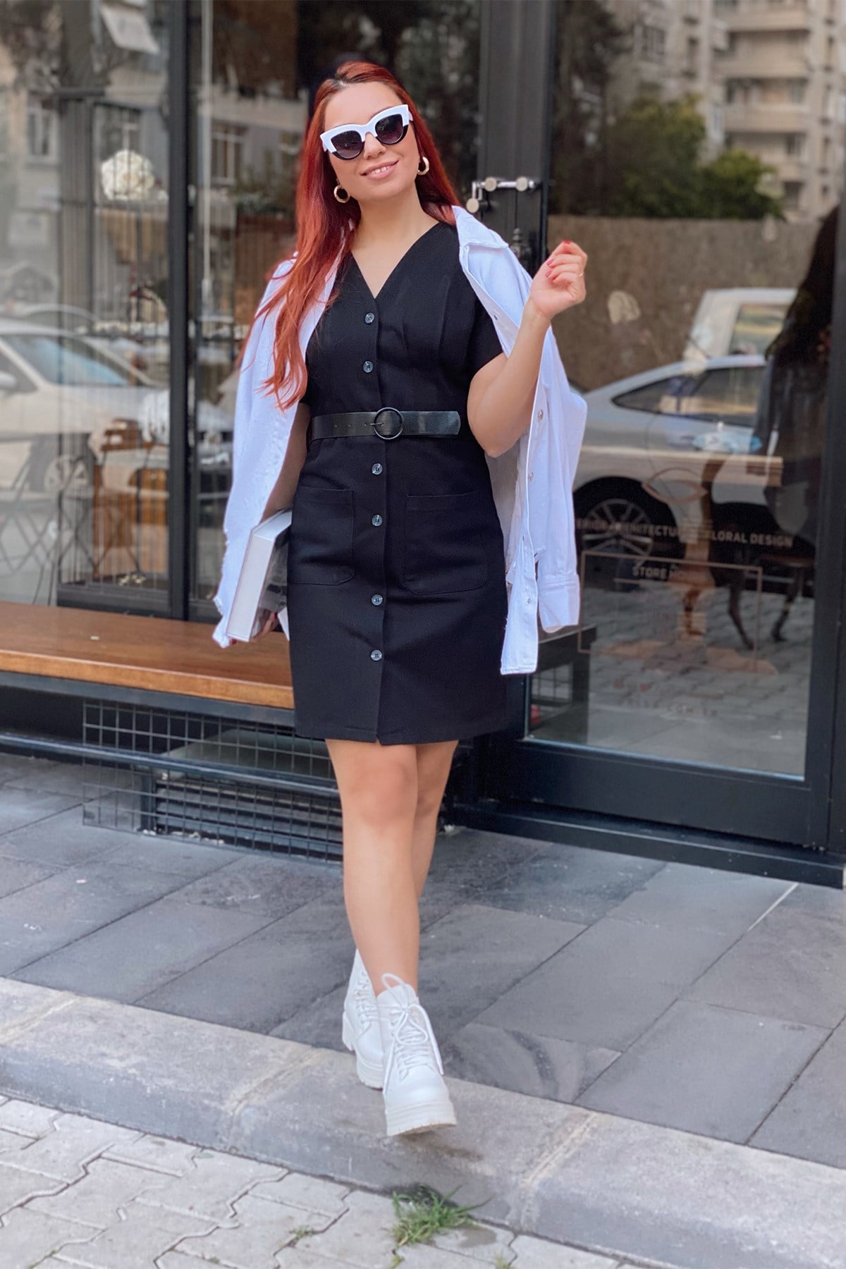 Siyah Kemerli Gabardin Elbise