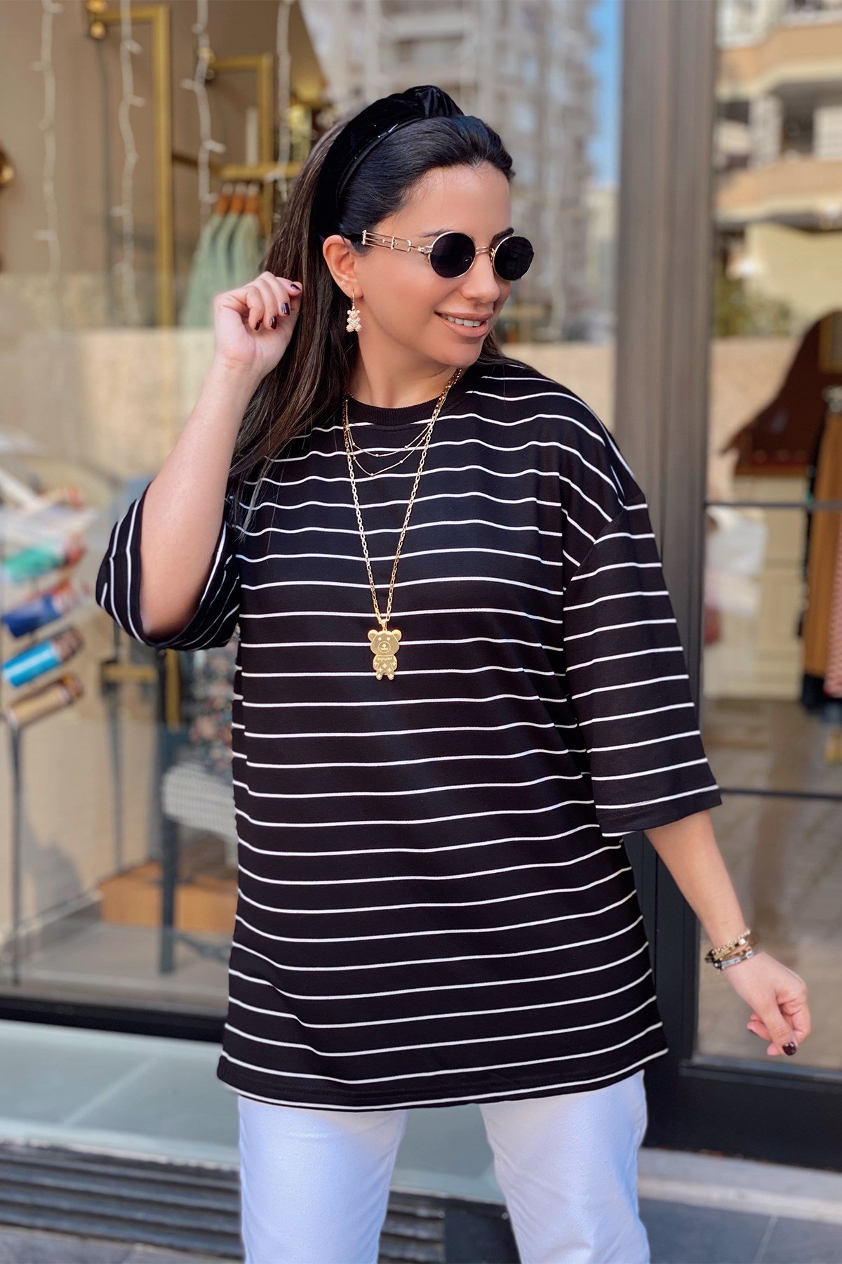 Siyah Kısa Kol Çizgili Tshirt
