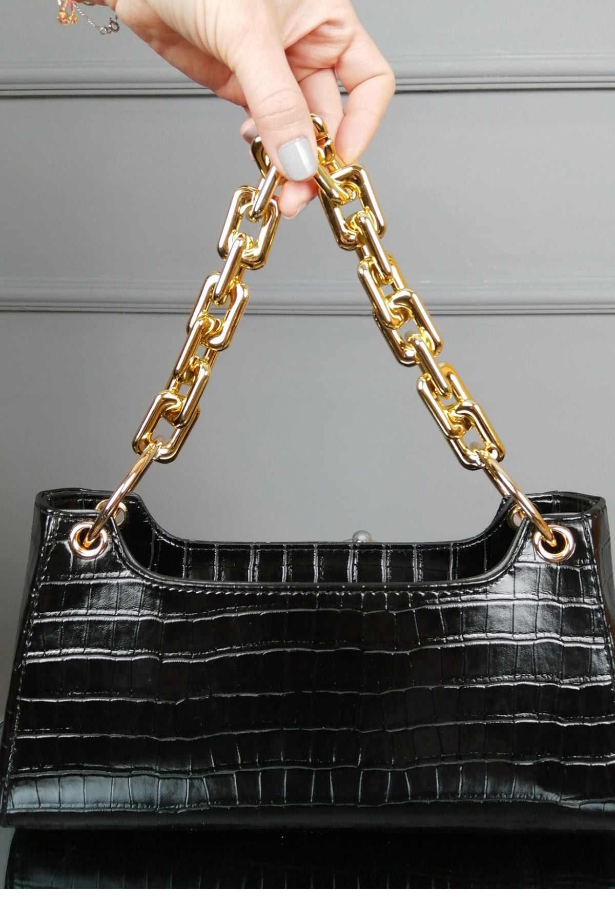 Siyah Krok Desenli  Çanta