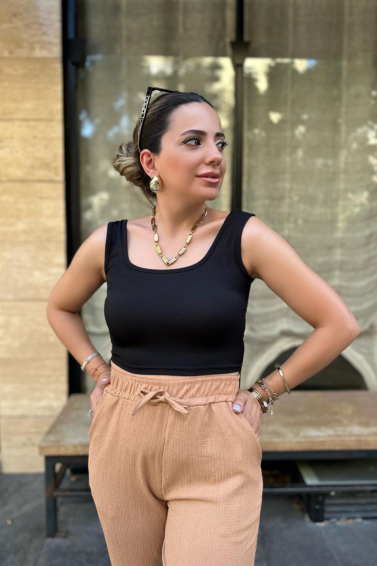 Siyah Likralı Crop Bluz
