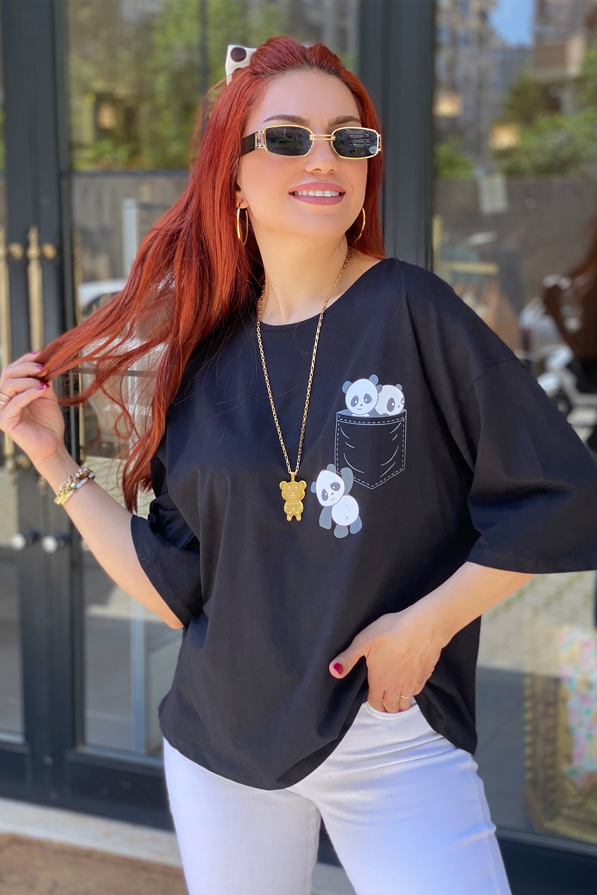 Siyah Panda Detaylı Tshirt