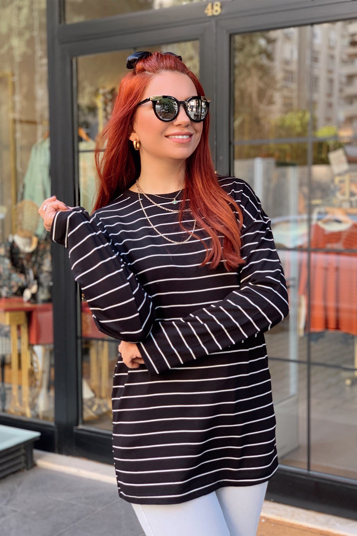 Siyah Uzun Kol Çizgili Tshirt