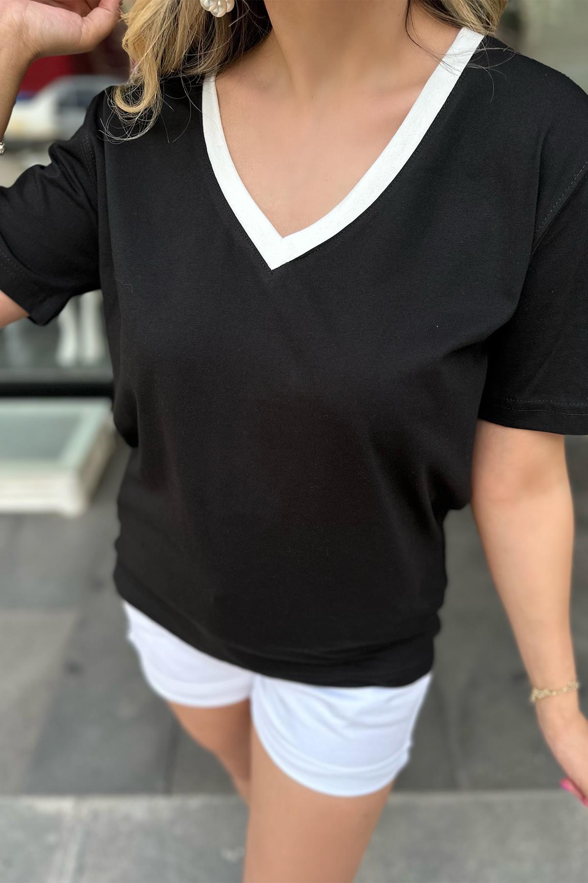 Siyah V Yaka Yarım Kol Kontrast Tshirt