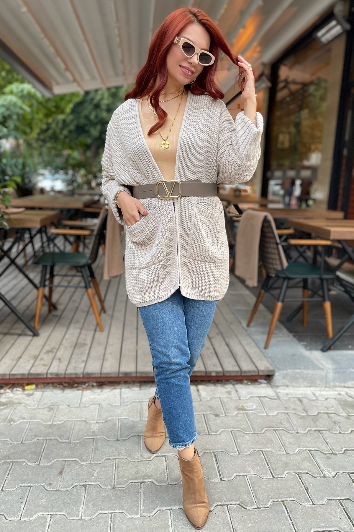 Taş Rengi Uzun Cepli Hırka