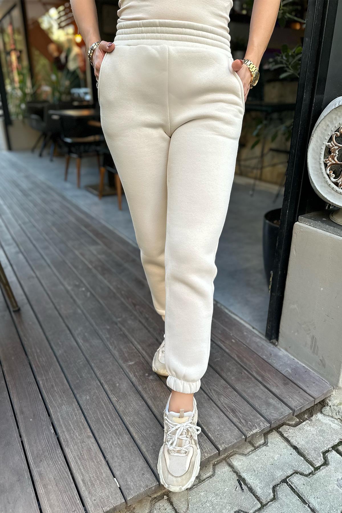 Taş Renk Üç İplik Şardonlu Jogger Eşofman