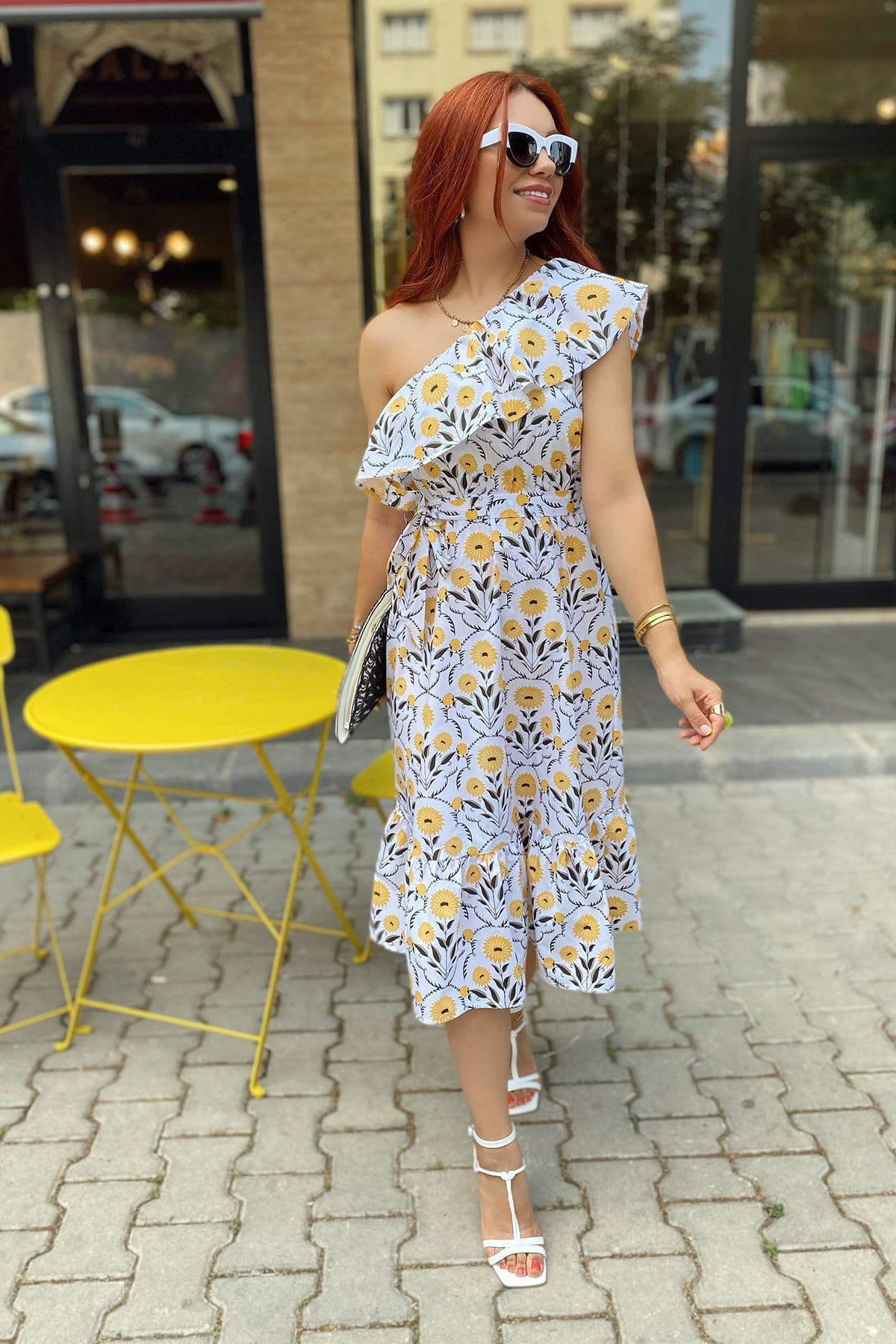 Tek Omuz Fırfırlı Sarı Desenli Elbise