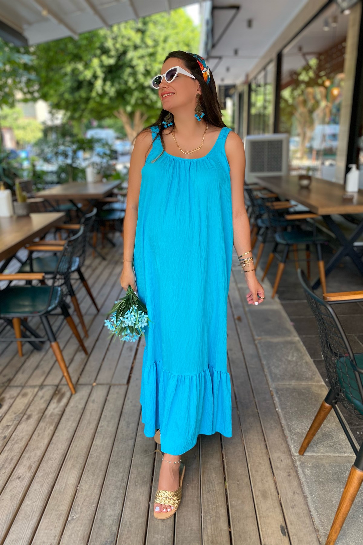 Turkuaz Mavi Askısı Lastikli Elbise