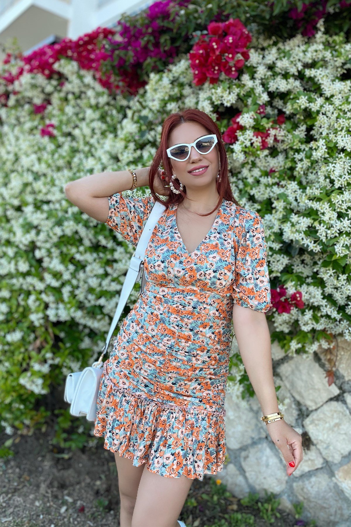 Turuncu  Drapeli Çiçek Desenli Elbise