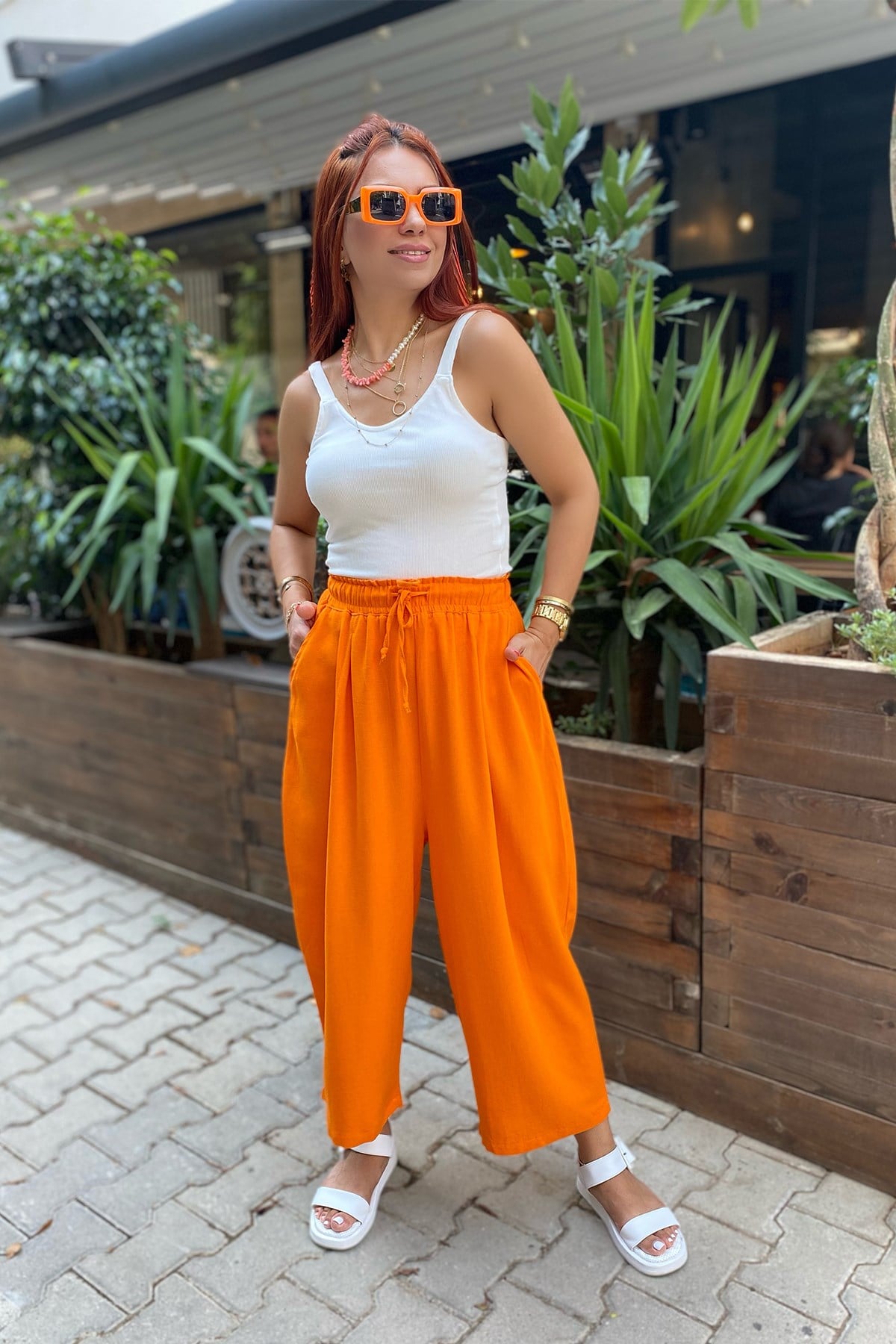 Turuncu Bağcıklı Şalvar Keten Pantolon