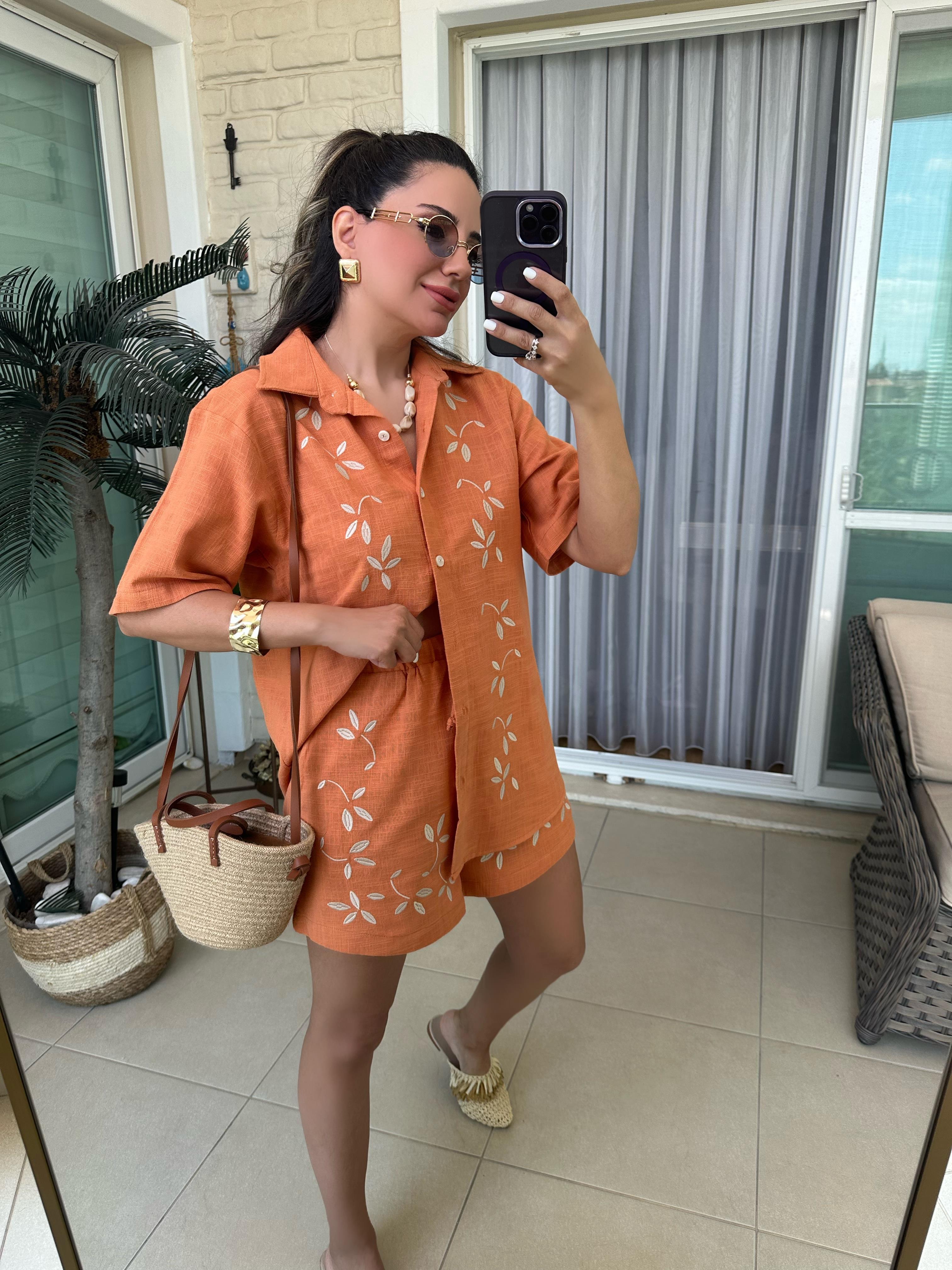 Turuncu Nakışlı Şort Gömlek Takım