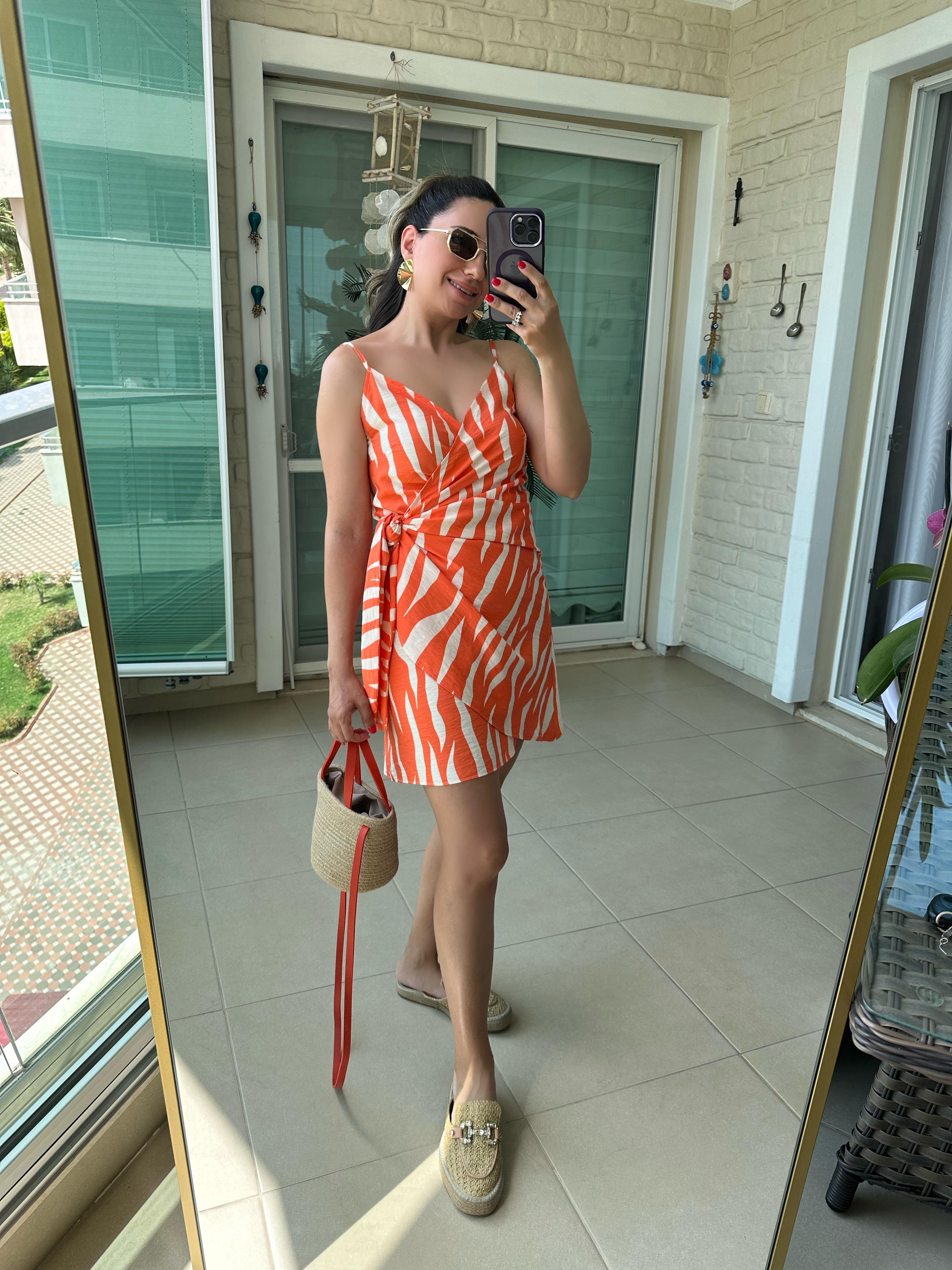 Turuncu Zebra Desen Elbise
