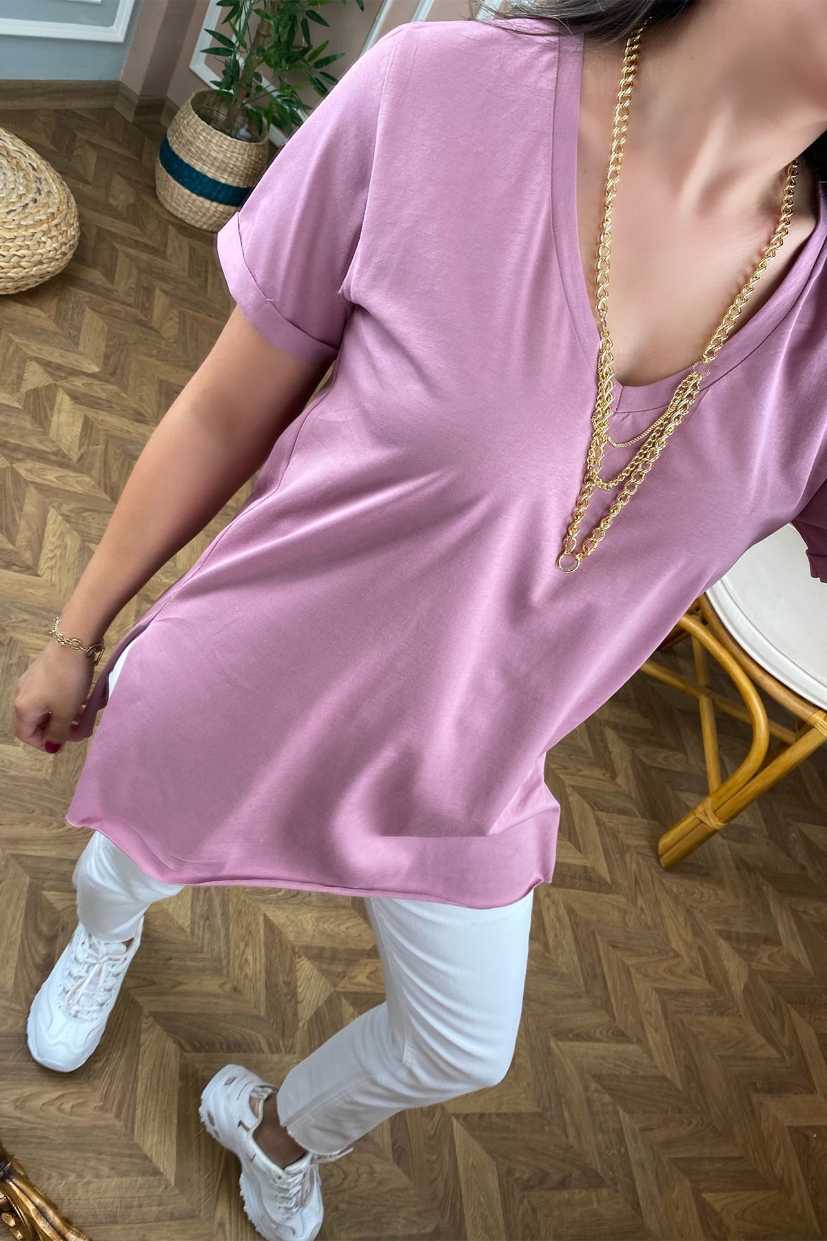 V Yaka Lila Basic Tshirt