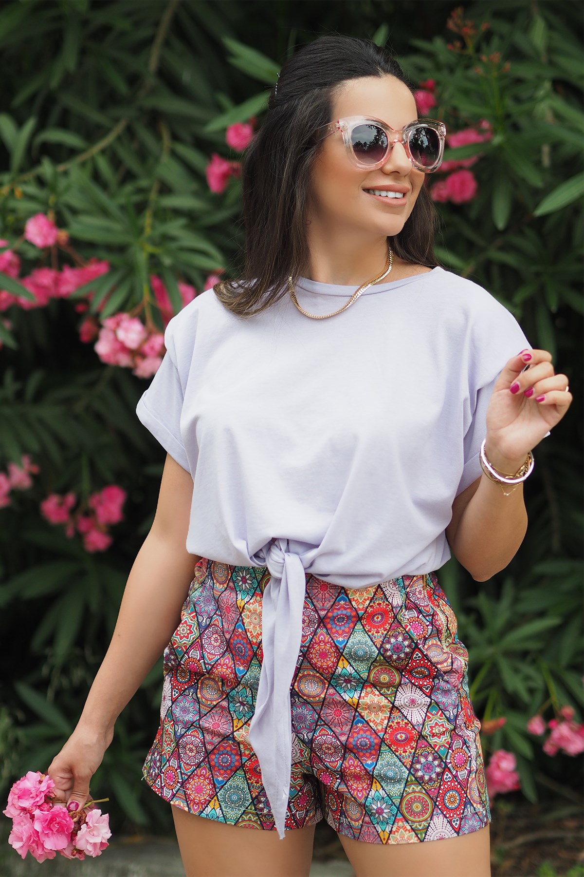 Vatkalı Önden Bağlamalı Lila Tshirt