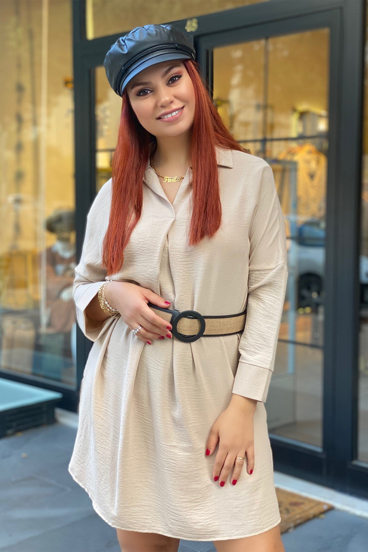 Vizon Yandan Yırtmaçlı Gömlek Elbise