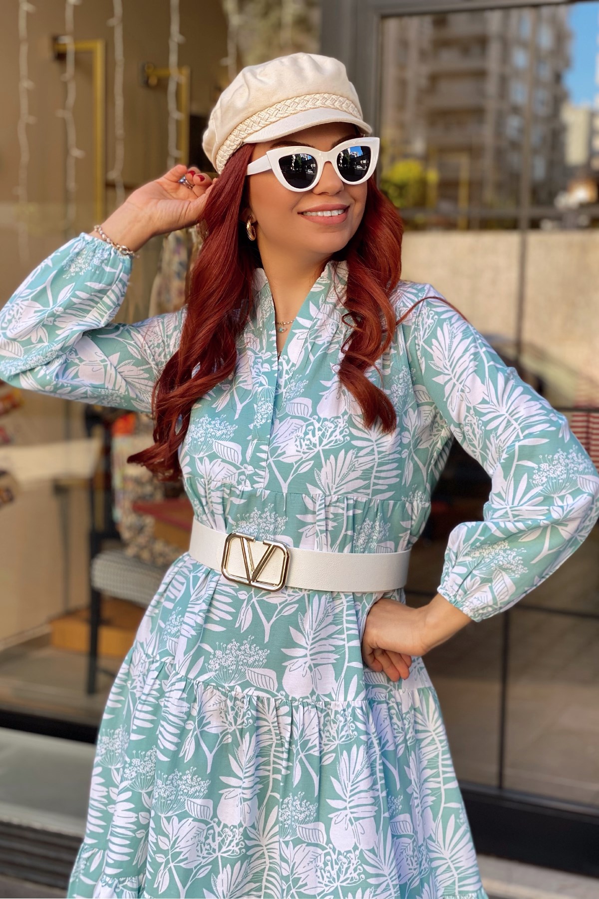 Yaprak Desenli Mint Elbise