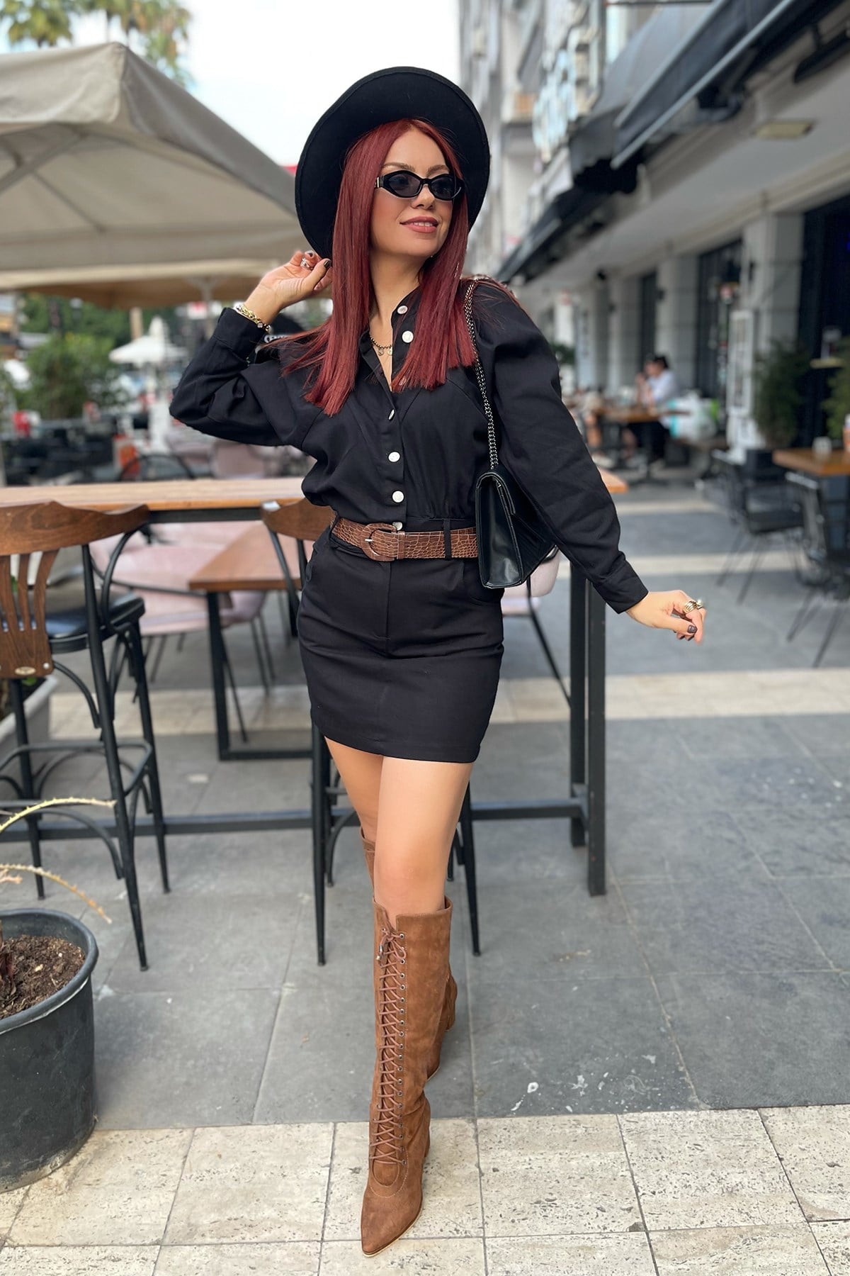 Yarasa Kol Siyah Gabardin Elbise