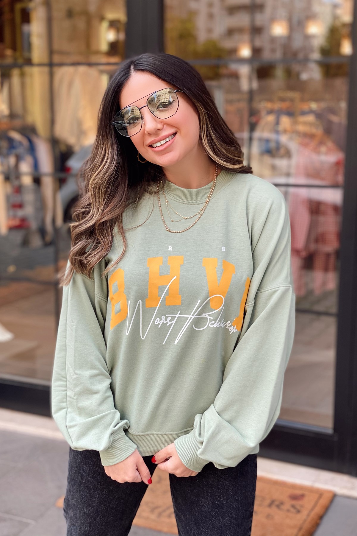 Yeşil Baskılı Sweatshirt