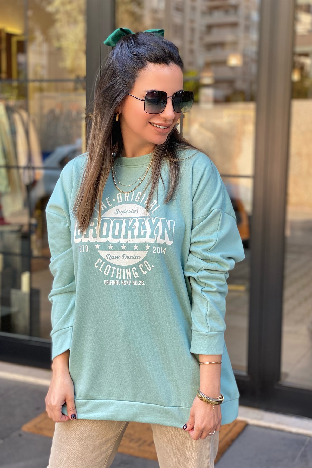 Yeşil Brooklyn Baskılı Sweatshirt