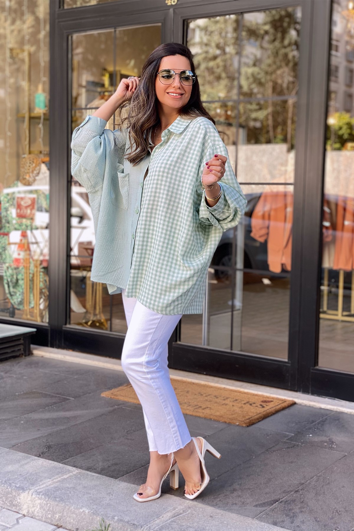 Yeşil Ekose Detaylı Oversize Gömlek
