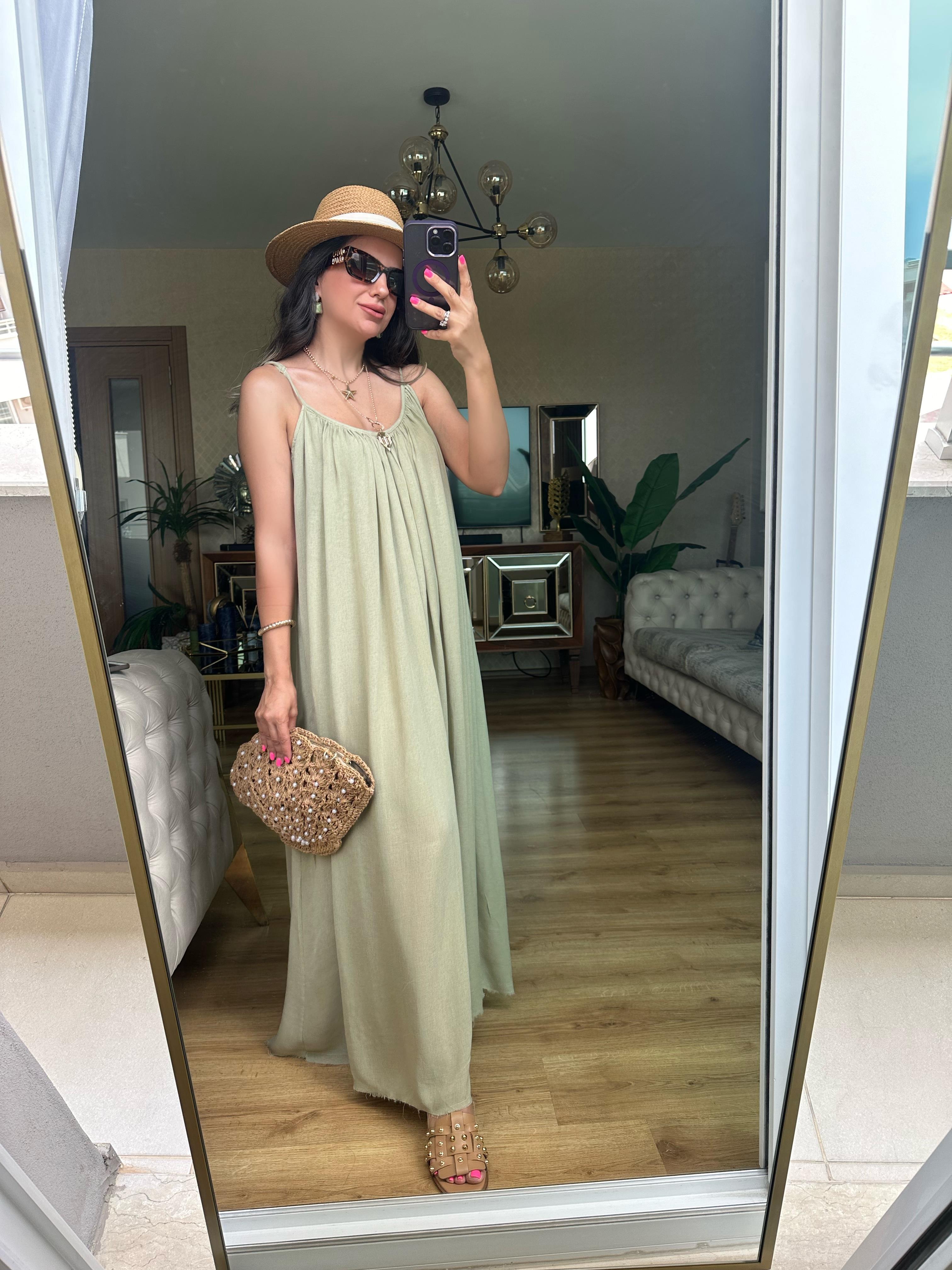 Yeşil İp Askılı Salaş Elbise