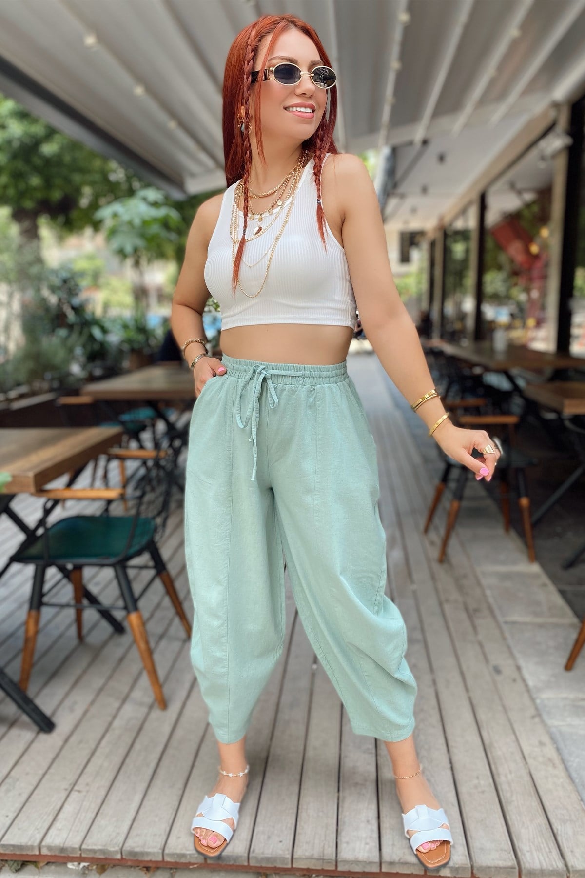 Yeşil Keten Geniş Kesim Pantolon