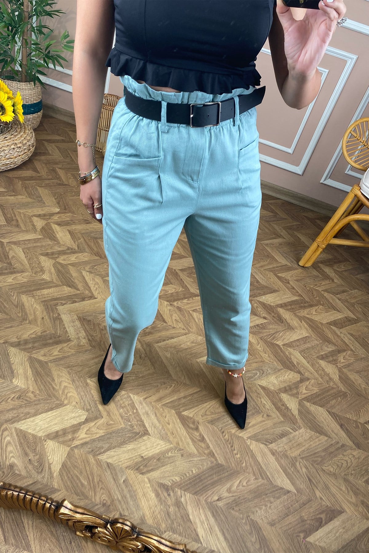 Yeşil Siyah Kemerli Keten Pantolon