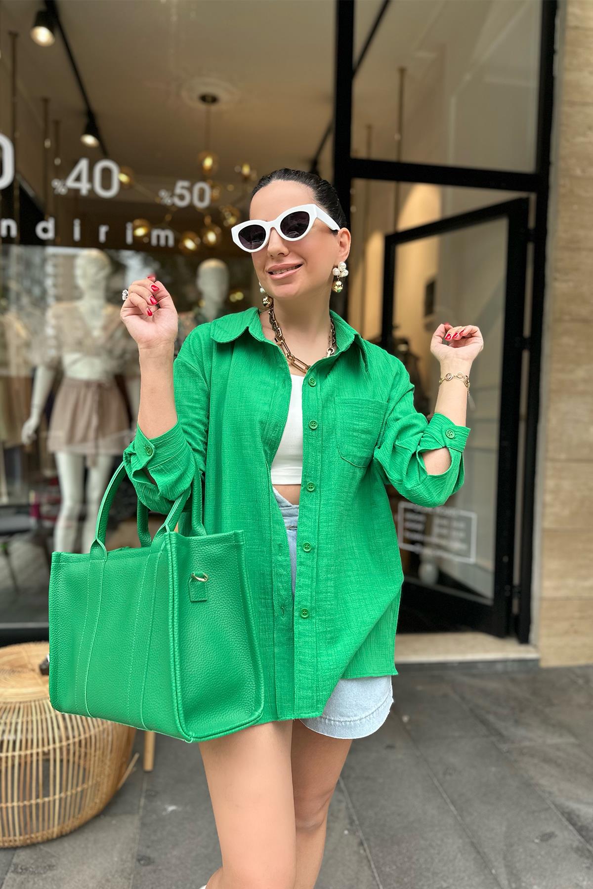Yeşil Tek Cepli Oversize Gömlek