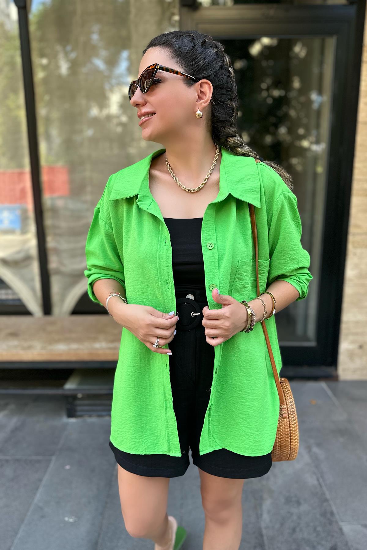 Yeşil Tek Cepli Oversize Gömlek