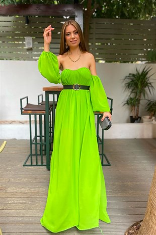 Uzun Fıstık Yeşili Şifon Elbise - KAYA SISTERS
