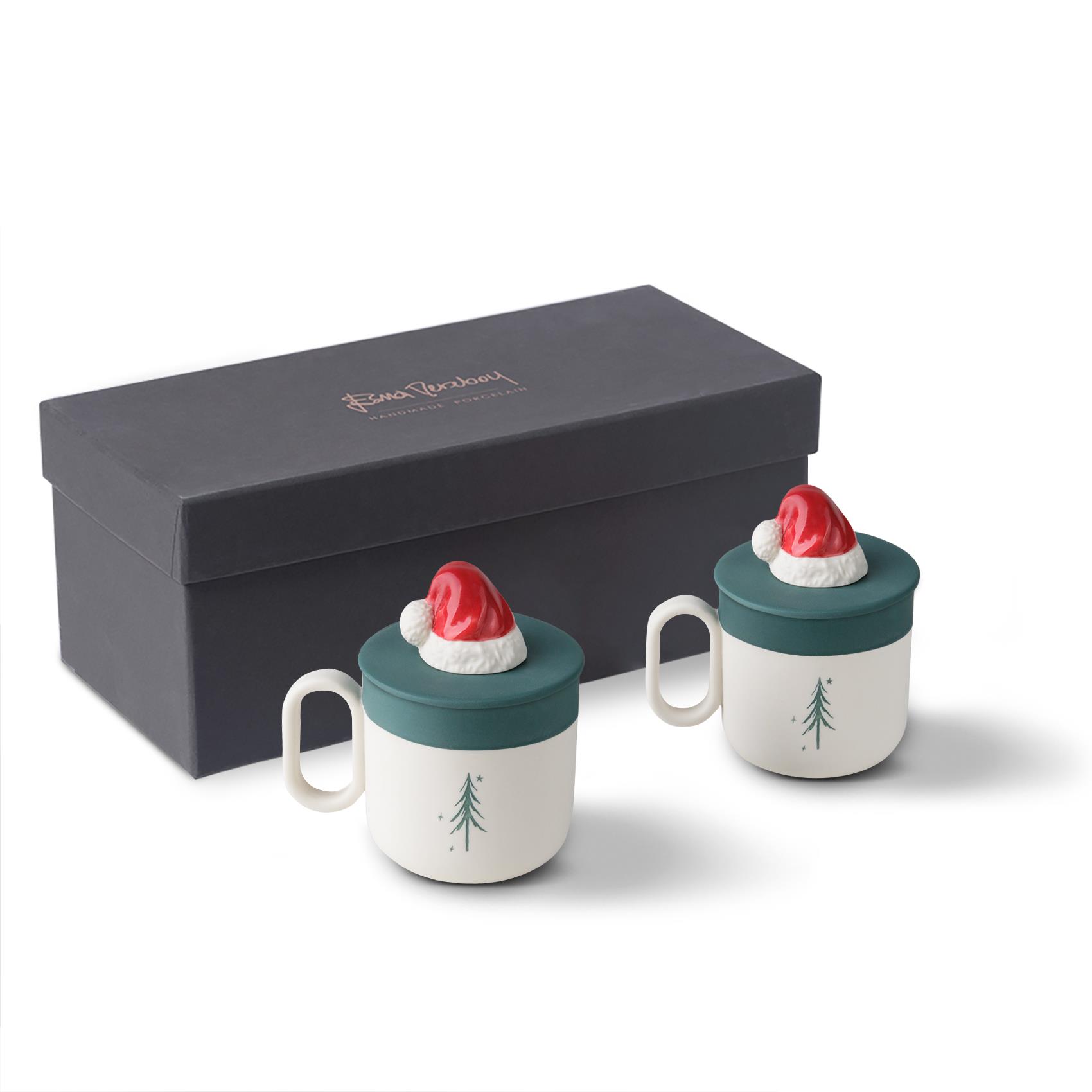 Capsule 2'li Çam Ağacı Desenli&Yılbaşı Şapka Figürlü Kapaklı Çay Fincan Takımı Fildişi&Amazon
