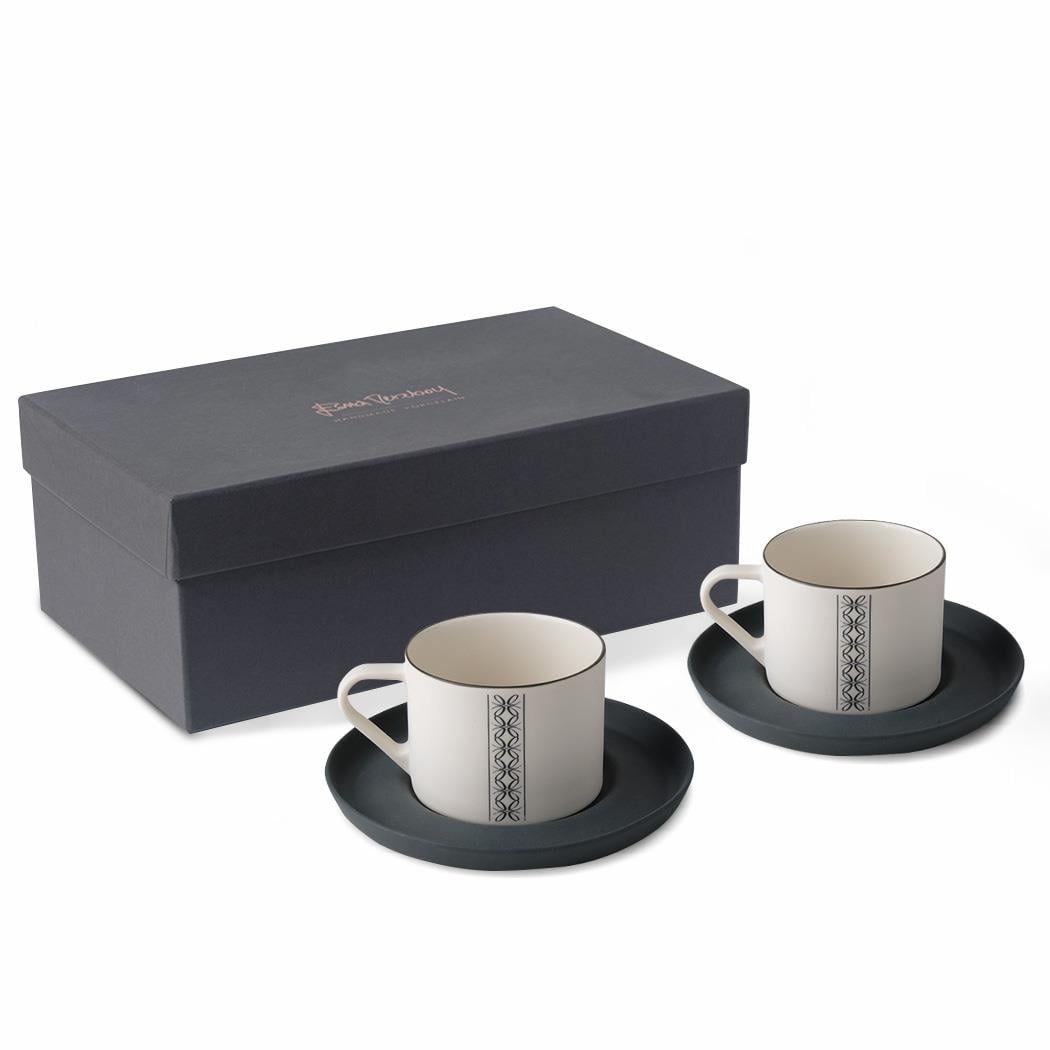 Nest 2'li Tabaklı ED Logo Desenli Kahve/Çay Fincan Takımı 180ml Siyah-Fildişi