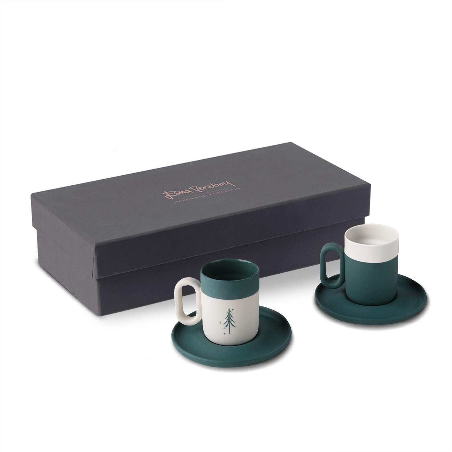 Capsule Pine Tree Pattern Espresso Cup With Saucers Set of 2 Amazon - Amazon & Ivory